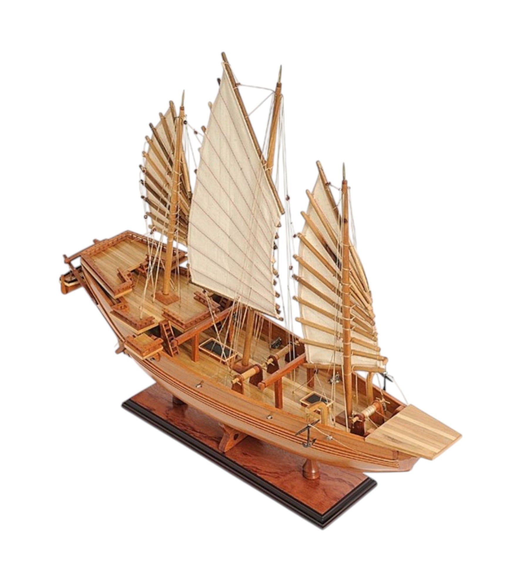 25" Wood Brown Solid Wood Hand Painted Model Boat Tabletop Sculpture-Sculptures-DECOROLALA