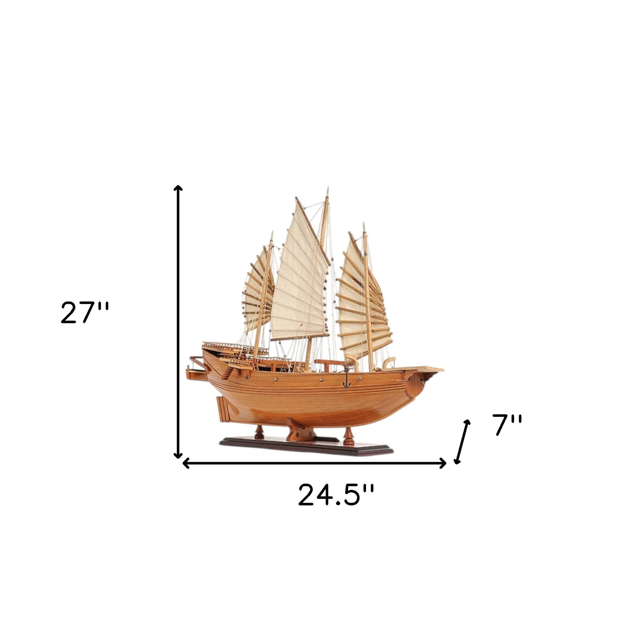 25" Wood Brown Solid Wood Hand Painted Model Boat Tabletop Sculpture-Sculptures-DECOROLALA