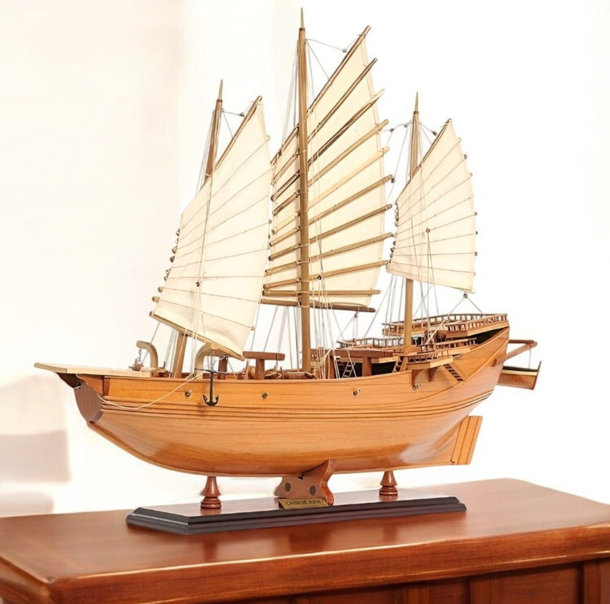 25" Wood Brown Solid Wood Hand Painted Model Boat Tabletop Sculpture-Sculptures-DECOROLALA