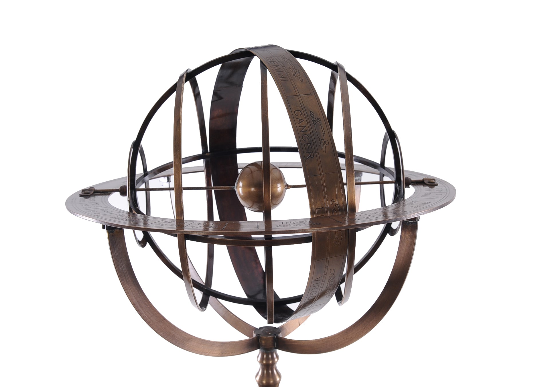 25" X 25" X 45.75" Brass Armillary With Wood Stand-Sculptures-DECOROLALA