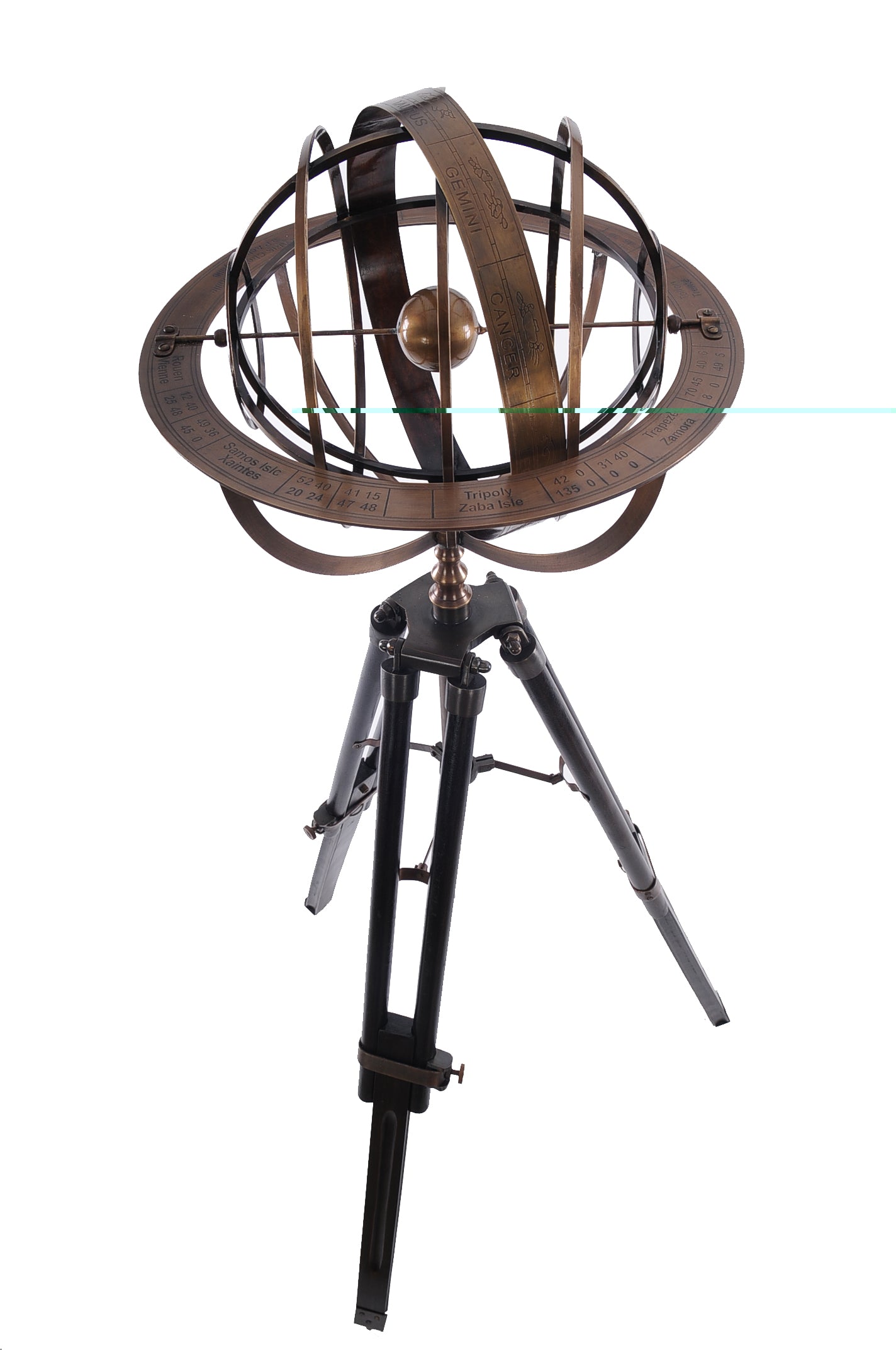 25" X 25" X 45.75" Brass Armillary With Wood Stand-Sculptures-DECOROLALA