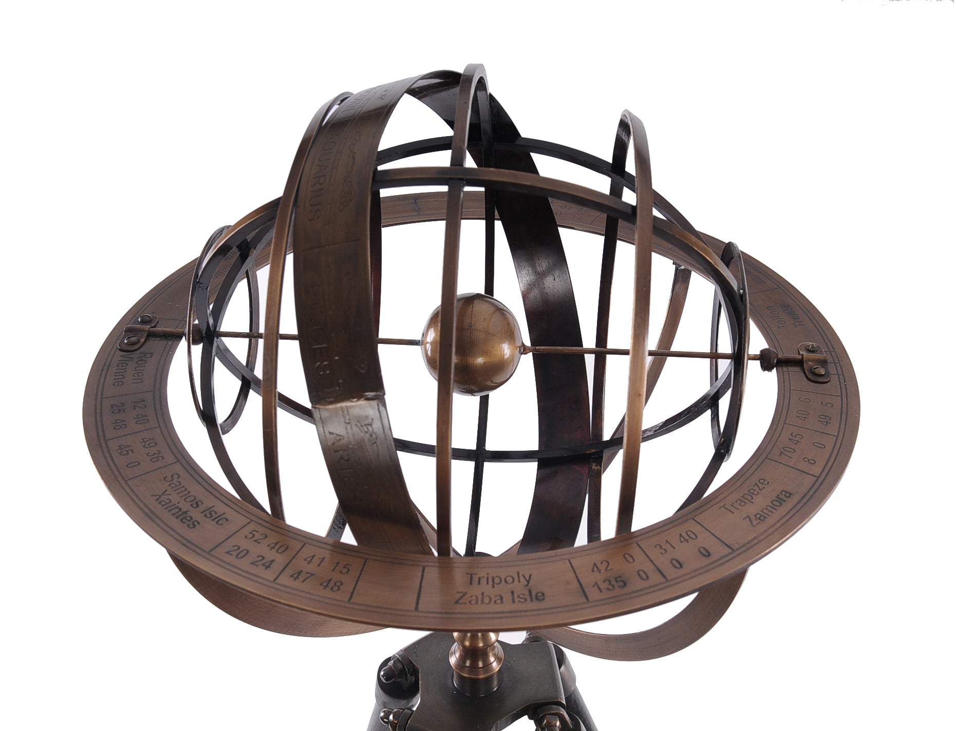25" X 25" X 45.75" Brass Armillary With Wood Stand-Sculptures-DECOROLALA