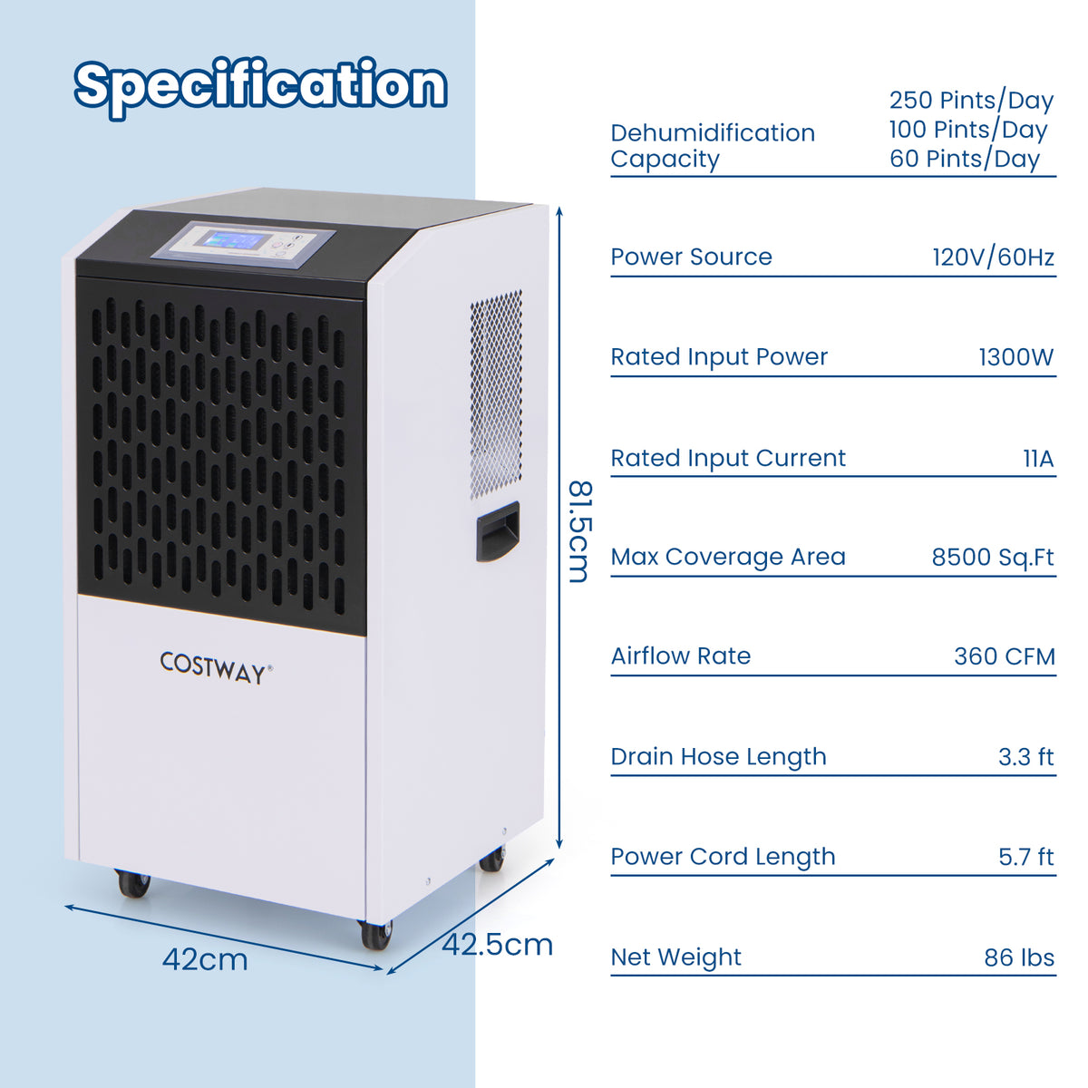 250 Pints Commercial Dehumidifier with Drain Hose Large Spaces up to 8500 Sq.Ft-White-Dehumidifiers-DECOROLALA