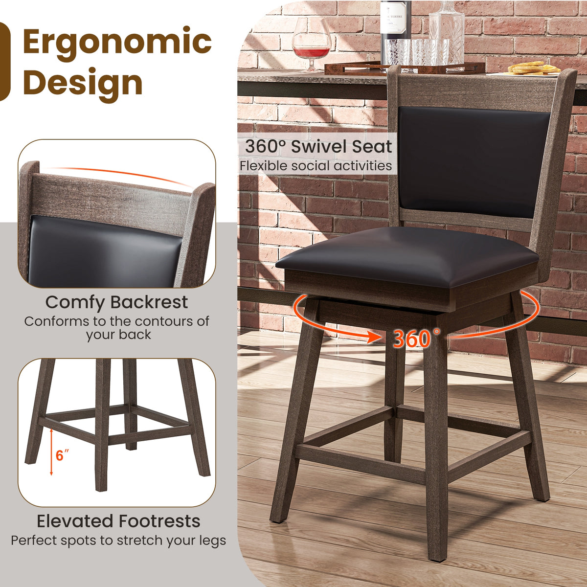 25/29 Inch Padded Bar Stools Set of 2 with Swivel Seat and Footrest-25 Inch-Bar Stools-DECOROLALA