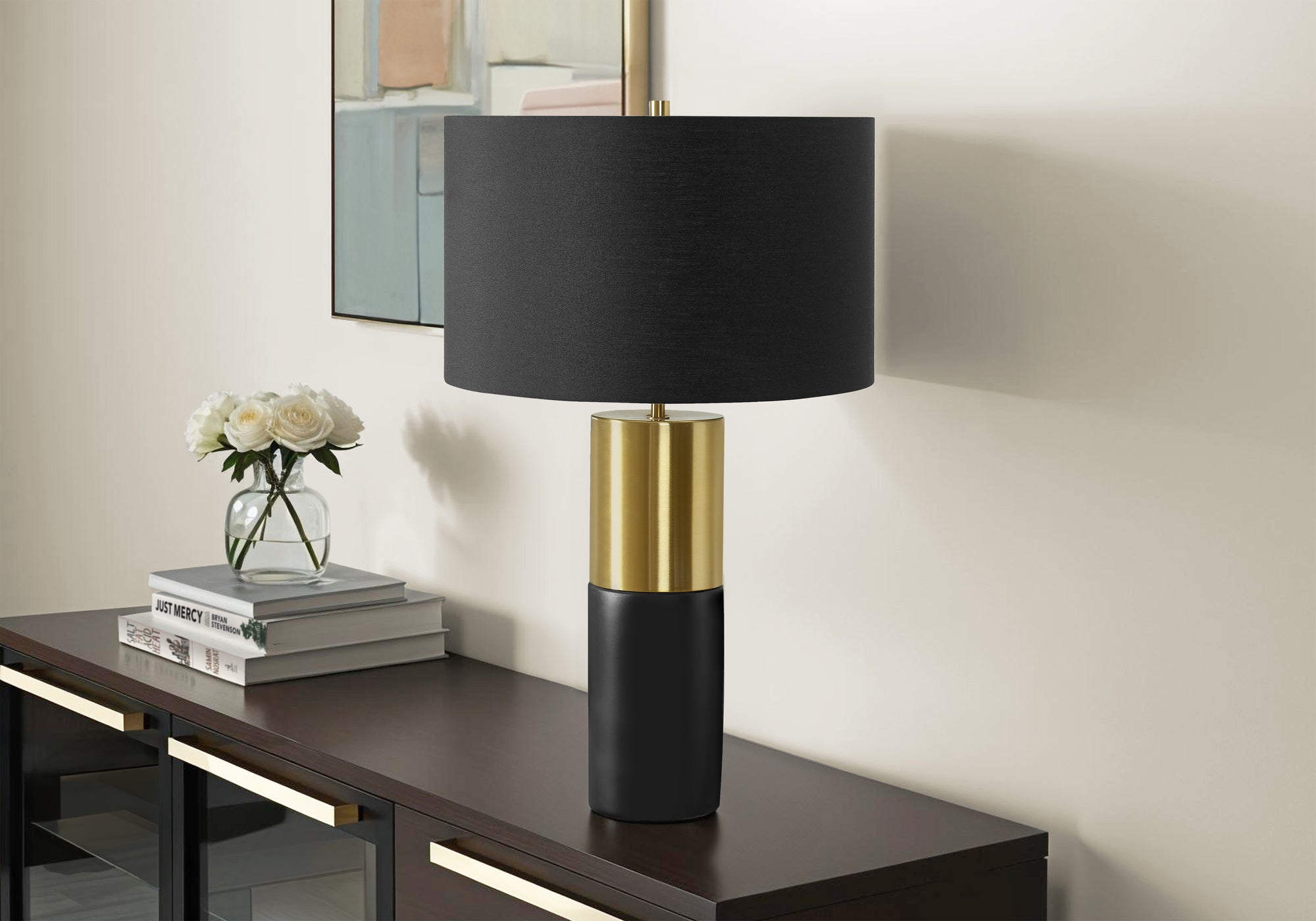 25"H Table Lamp Black Concrete Base Black Shade-Lighting-DECOROLALA