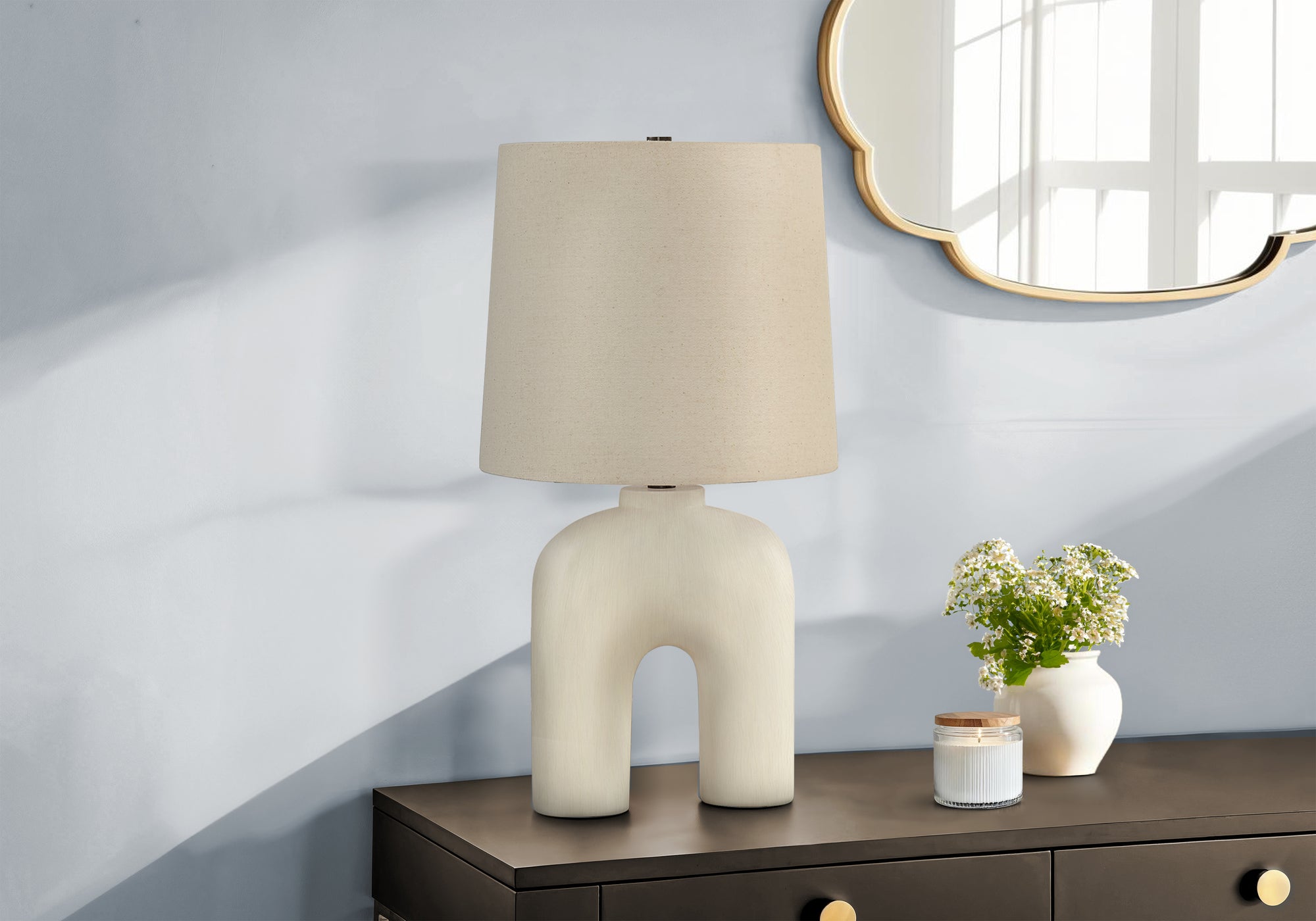 25"H Table Lamp Cream Resin Base Beige Shade-Lighting-DECOROLALA