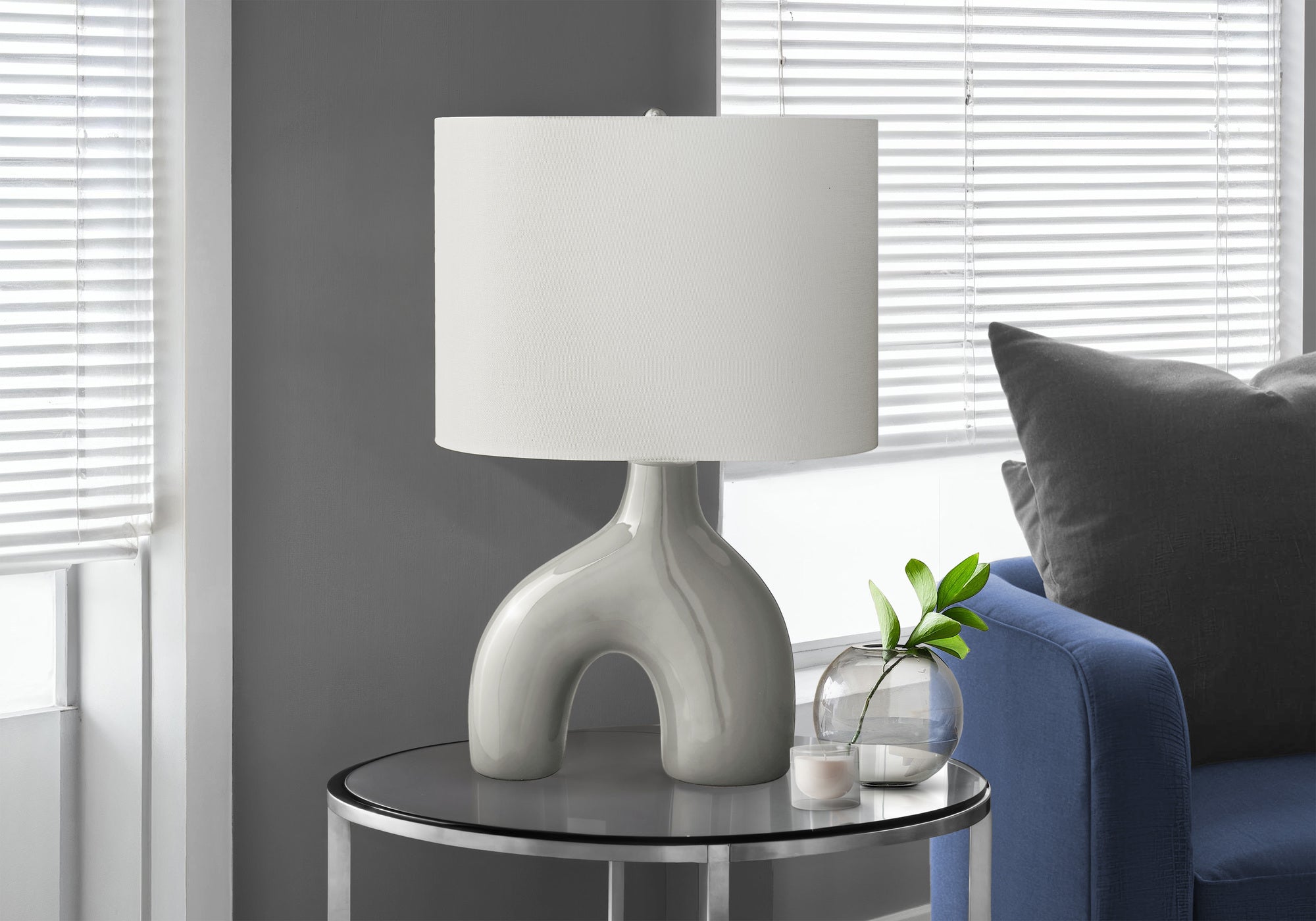 25"H Table Lamp, Grey Ceramic Base, Ivory Shade-Lighting-DECOROLALA