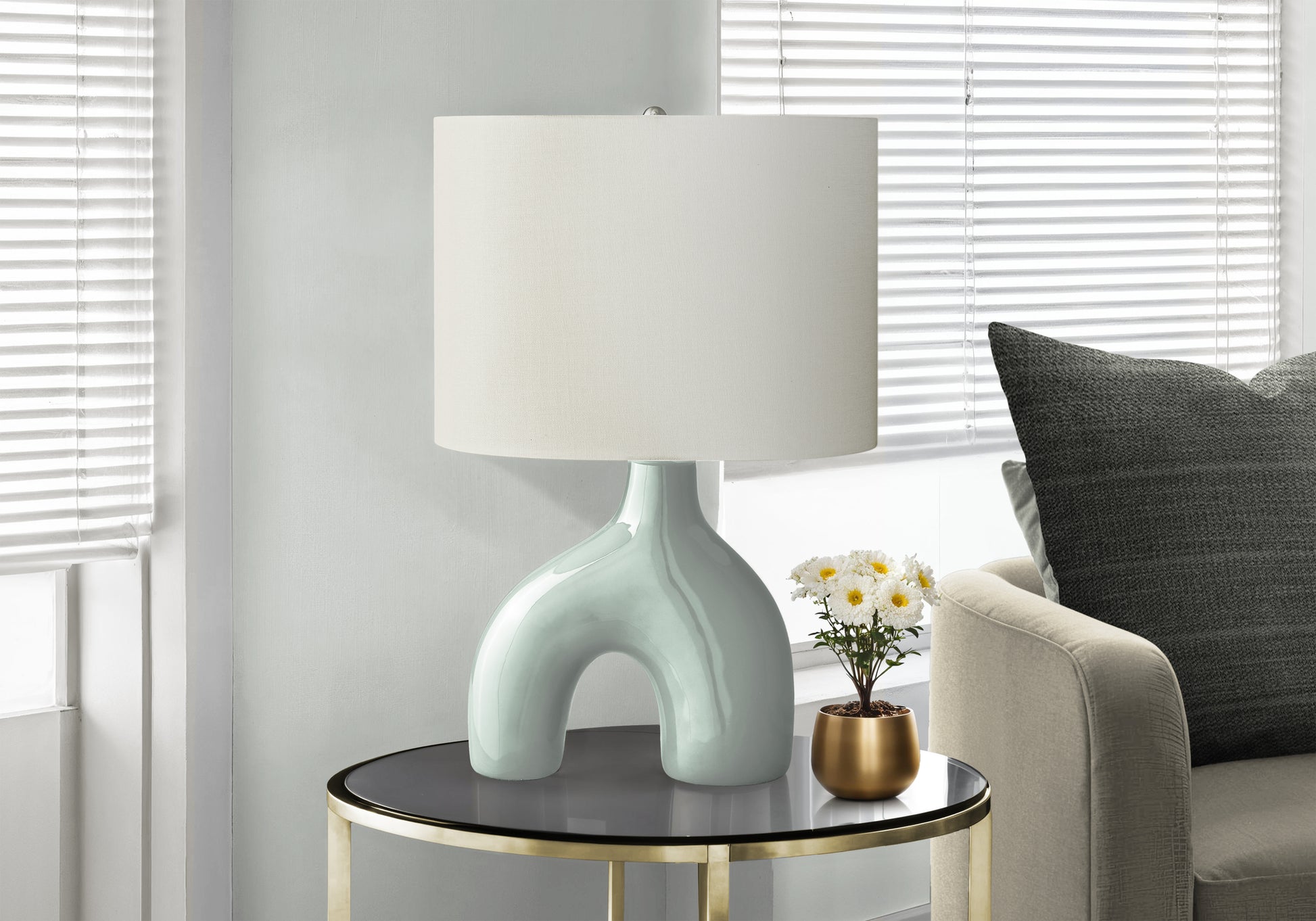25"H Table Lamp, Grey Ceramic Base, Ivory Shade-Lighting-DECOROLALA