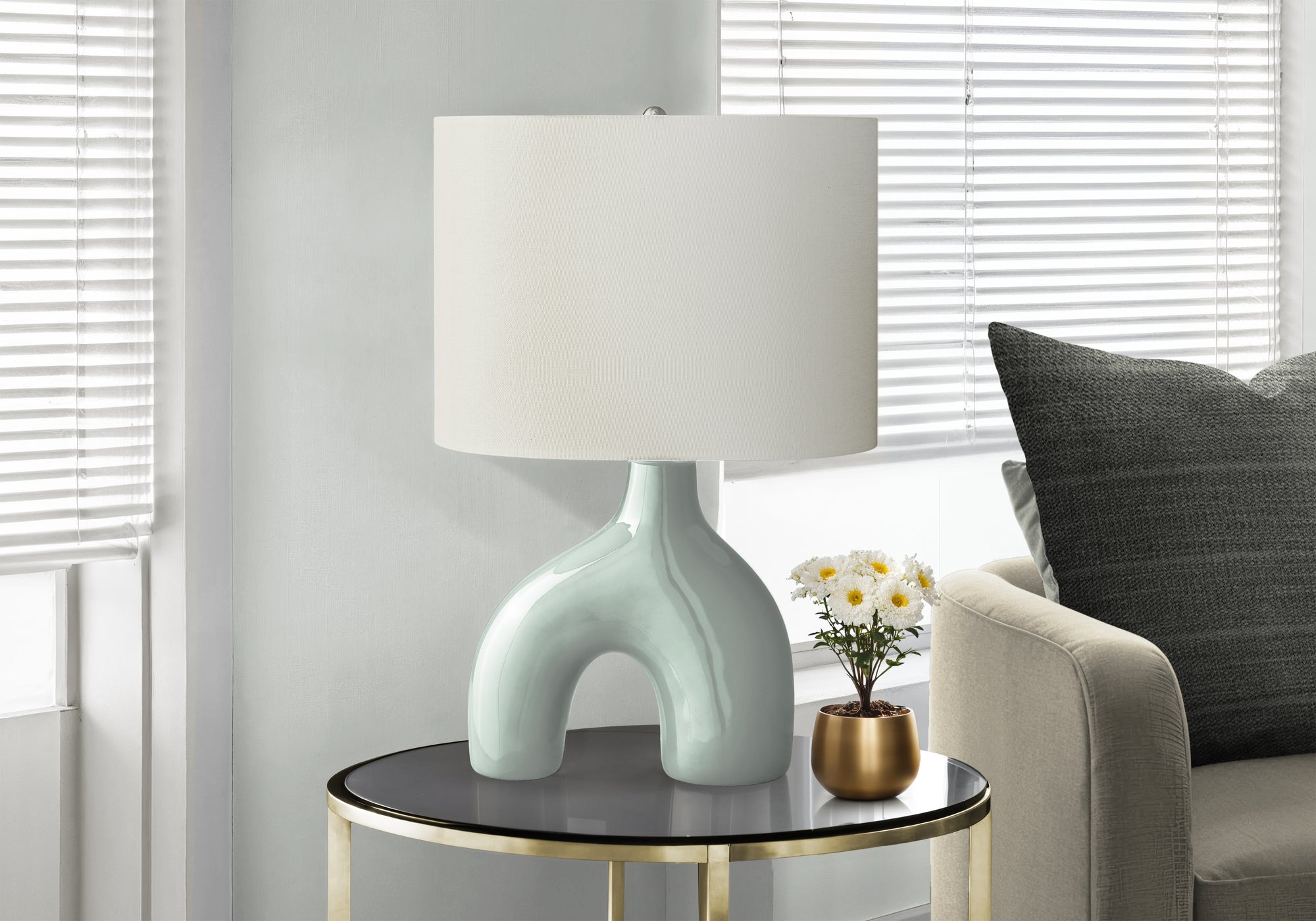 25"H Table Lamp, Grey Ceramic Base, Ivory Shade-Lighting-DECOROLALA
