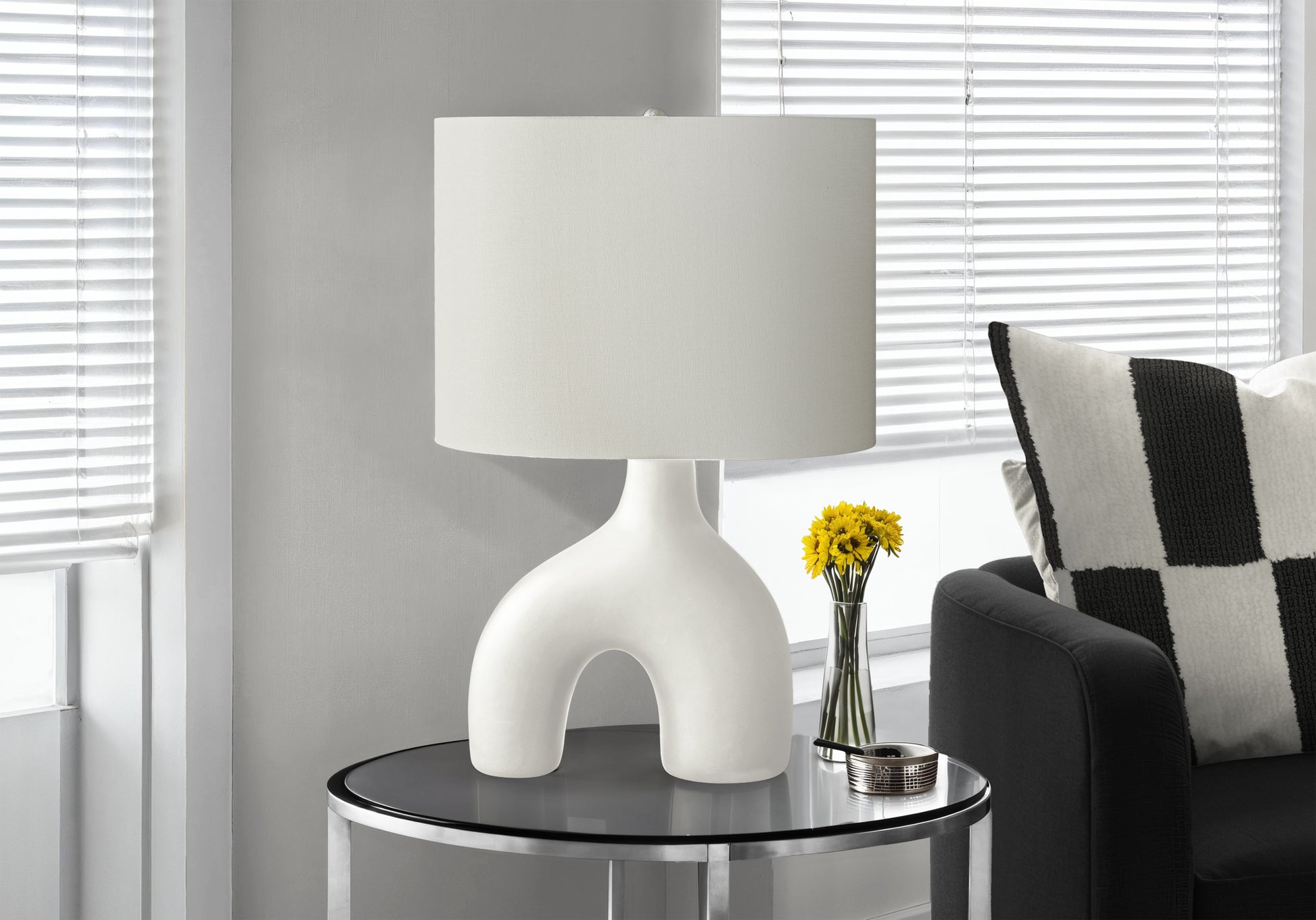 25"H Table Lamp, Grey Ceramic Base, Ivory Shade-Lighting-DECOROLALA
