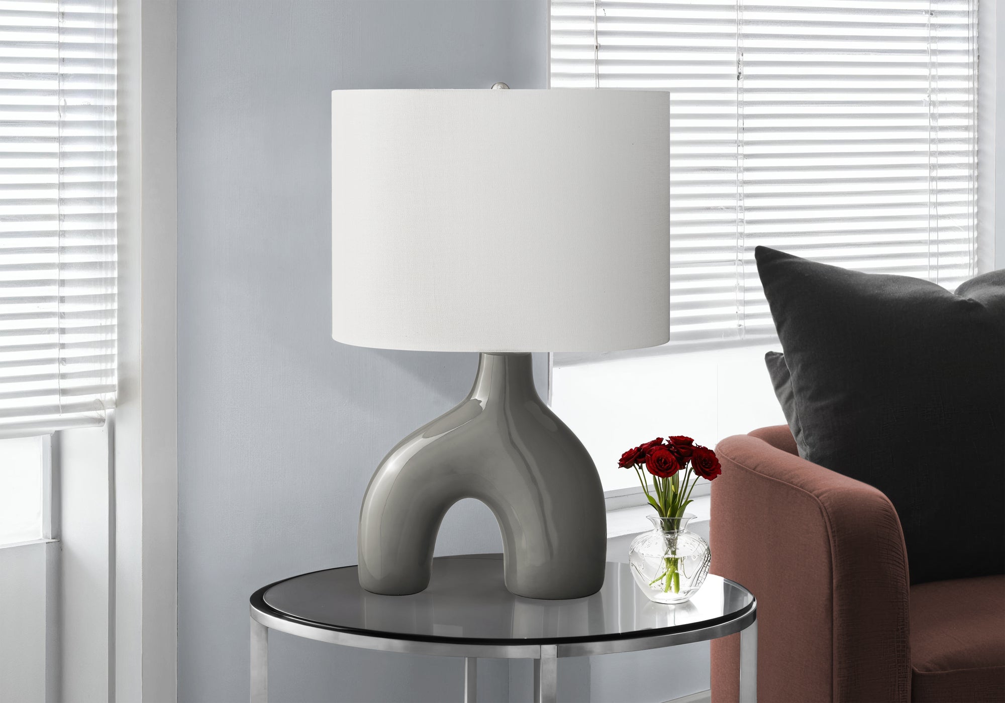 25"H Table Lamp, Grey Ceramic Base, Ivory Shade-Lighting-DECOROLALA