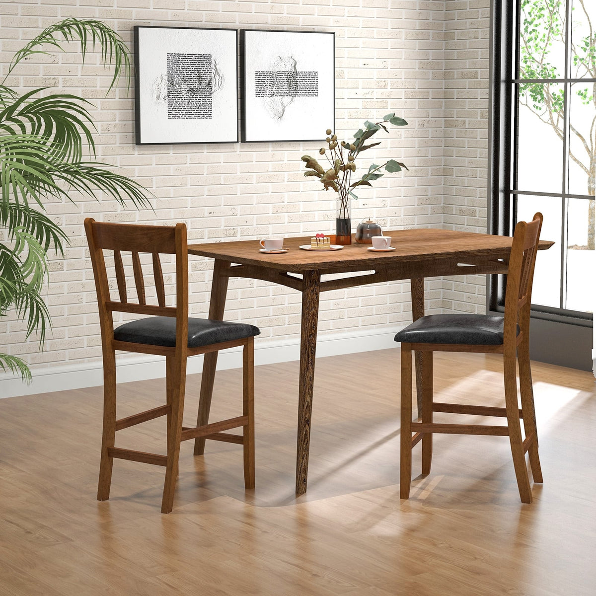 25.5 Inch Counter Height Bar Chair Set of 2 with Backrest Padded Seat-Walnut-Dining Chairs-DECOROLALA