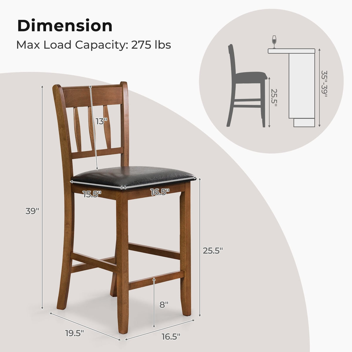 25.5 Inch Counter Height Bar Chair Set of 2 with Backrest Padded Seat-Walnut-Dining Chairs-DECOROLALA