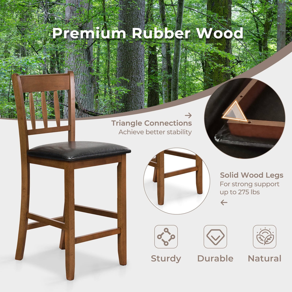 25.5 Inch Counter Height Bar Chair Set of 2 with Backrest Padded Seat-Walnut-Dining Chairs-DECOROLALA