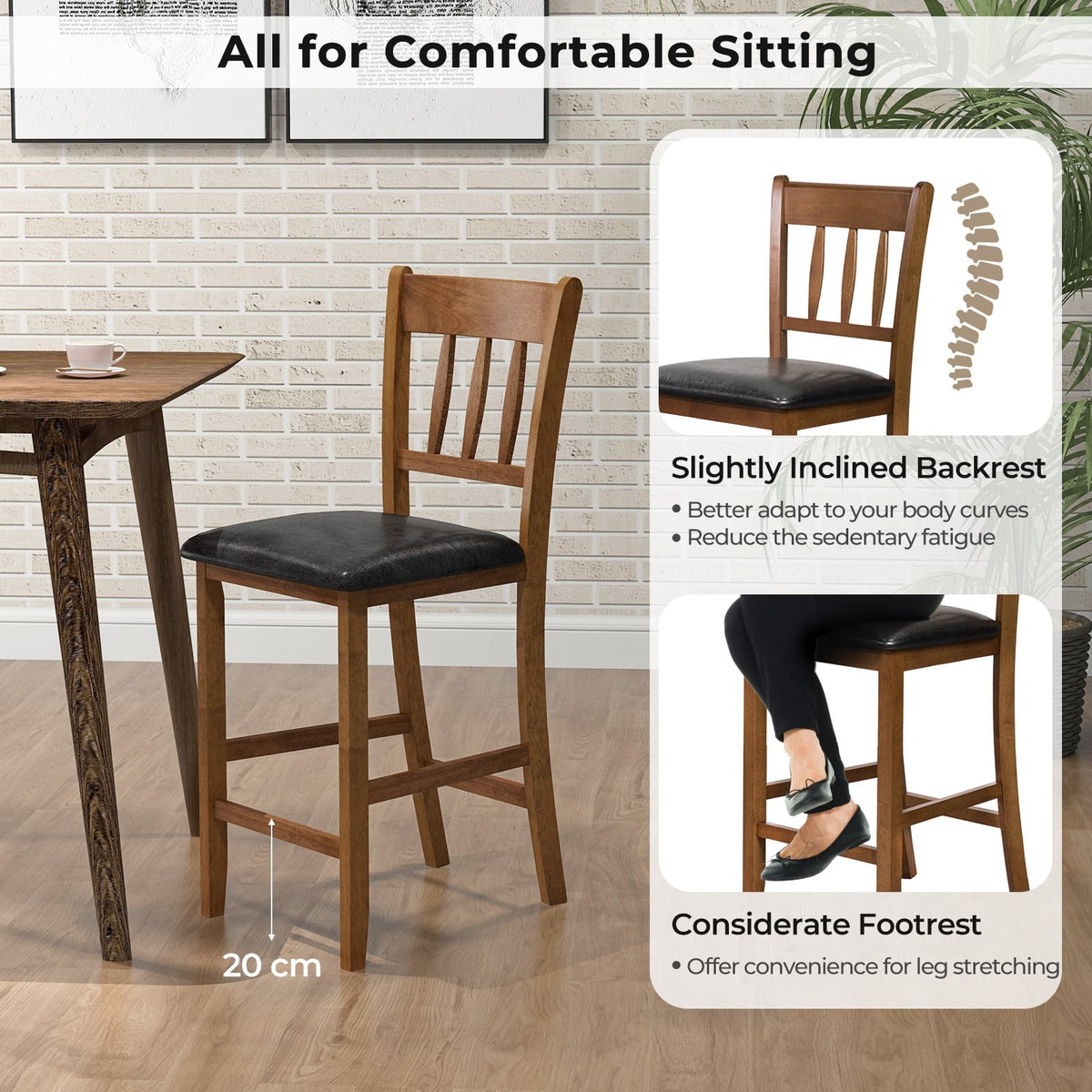25.5 Inch Counter Height Bar Chair Set of 2 with Backrest Padded Seat-Walnut-Dining Chairs-DECOROLALA