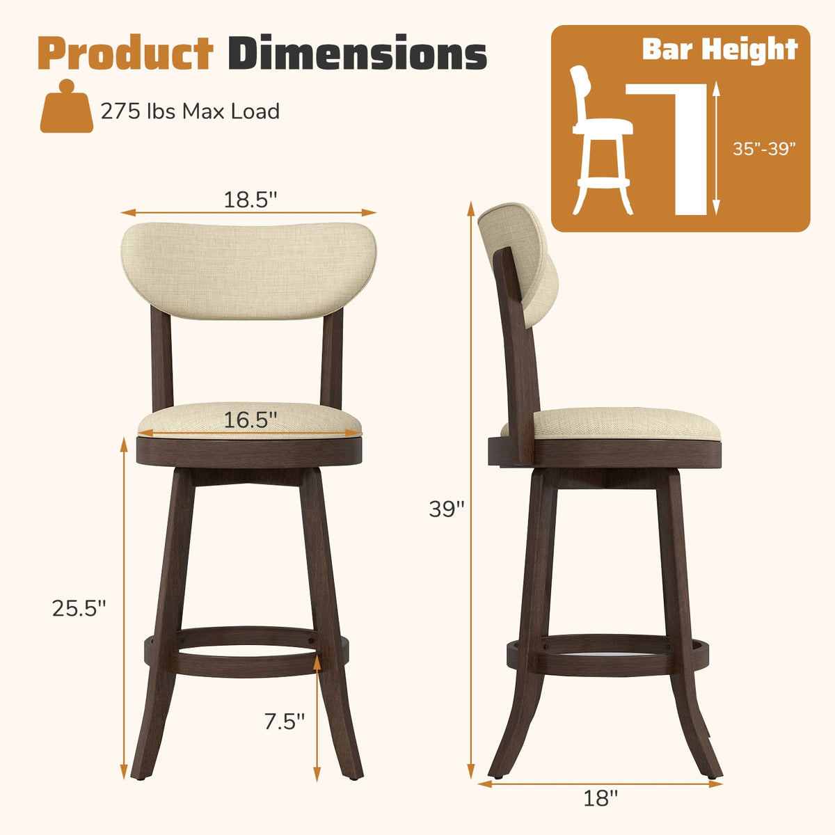 25.5 Inch Counter Height Chairs Set of 2 with Padded Seat and Backrest-Brown-Bar Stools-DECOROLALA