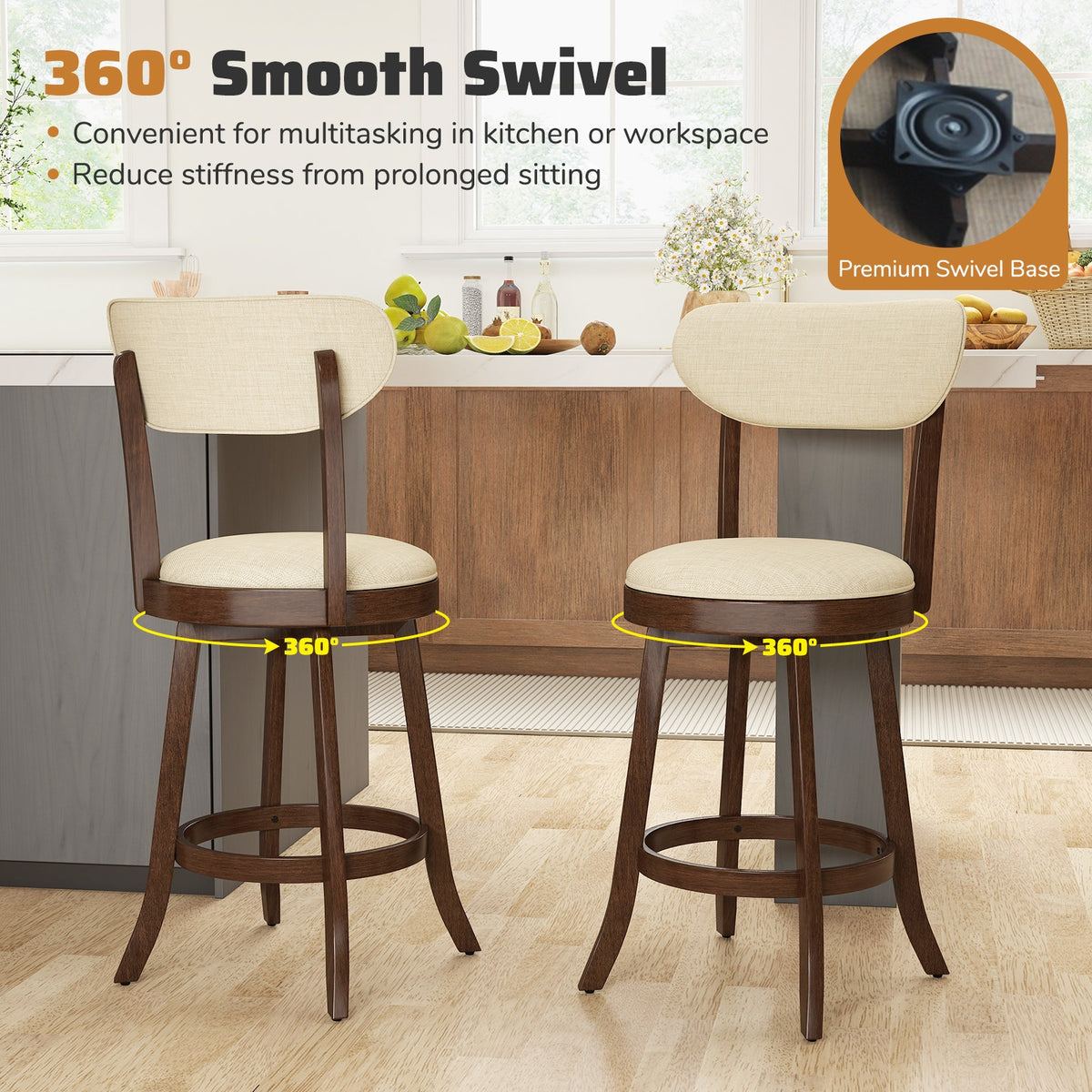 25.5 Inch Counter Height Chairs Set of 2 with Padded Seat and Backrest-Brown-Bar Stools-DECOROLALA