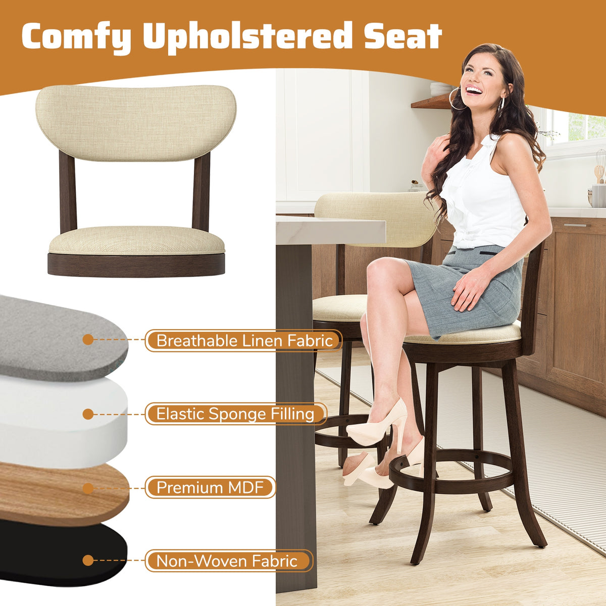 25.5 Inch Counter Height Chairs Set of 2 with Padded Seat and Backrest-Brown-Bar Stools-DECOROLALA