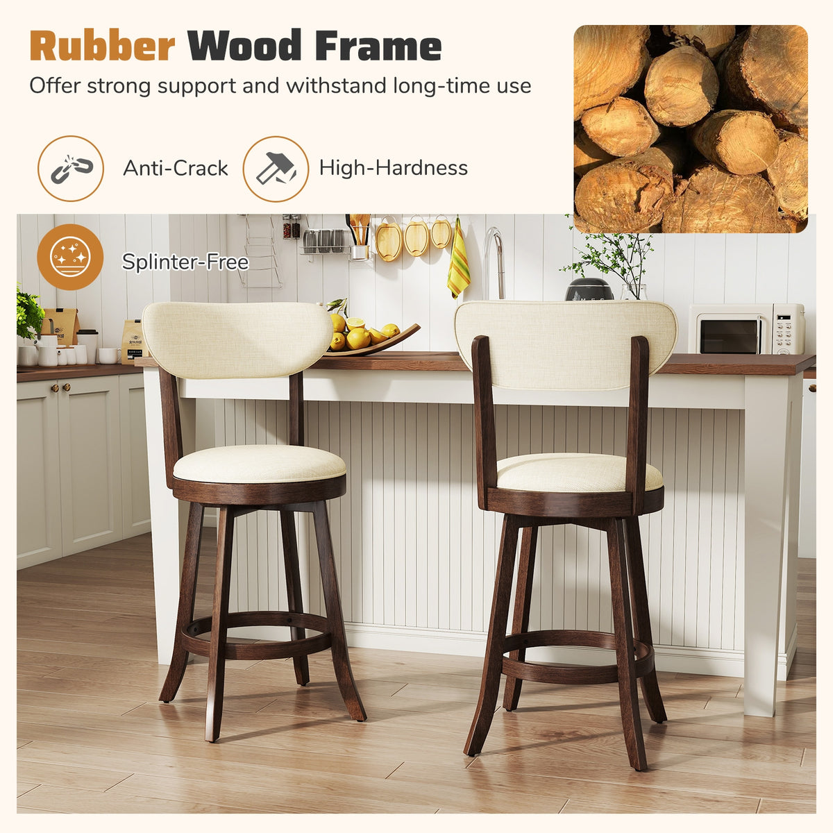 25.5 Inch Counter Height Chairs Set of 2 with Padded Seat and Backrest-Brown-Bar Stools-DECOROLALA