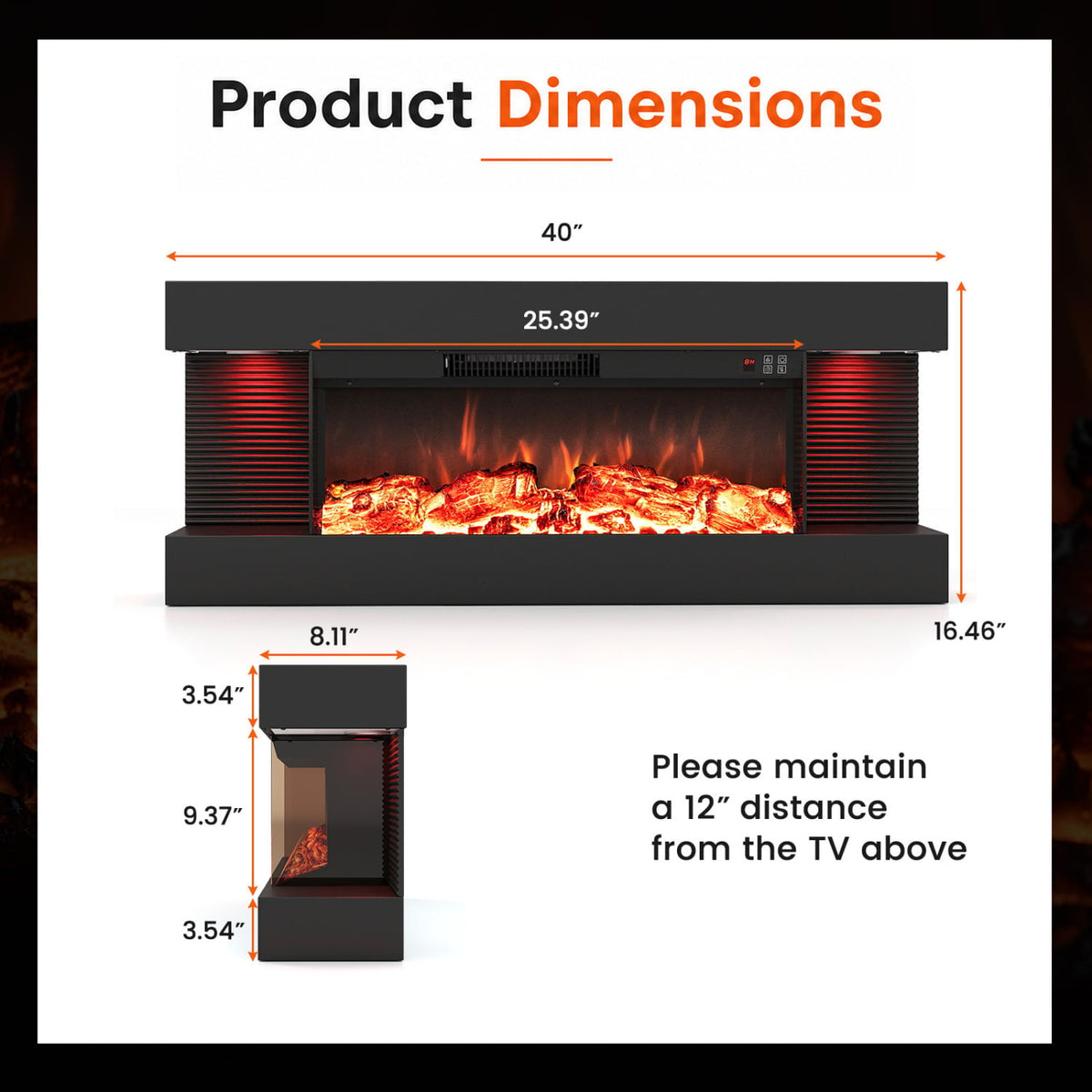26" 3-Sided Wall Mount Electric Fireplace with 40" Floating Mantel for Living Room-40"-Fireplaces-DECOROLALA