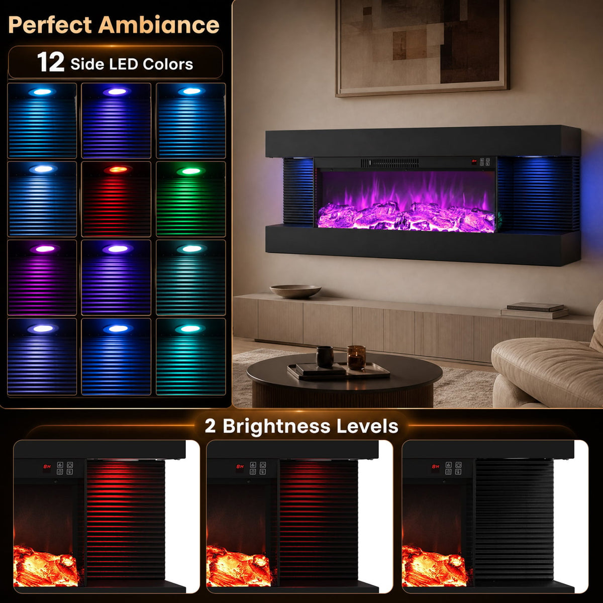 26" 3-Sided Wall Mount Electric Fireplace with 40" Floating Mantel for Living Room-40"-Fireplaces-DECOROLALA