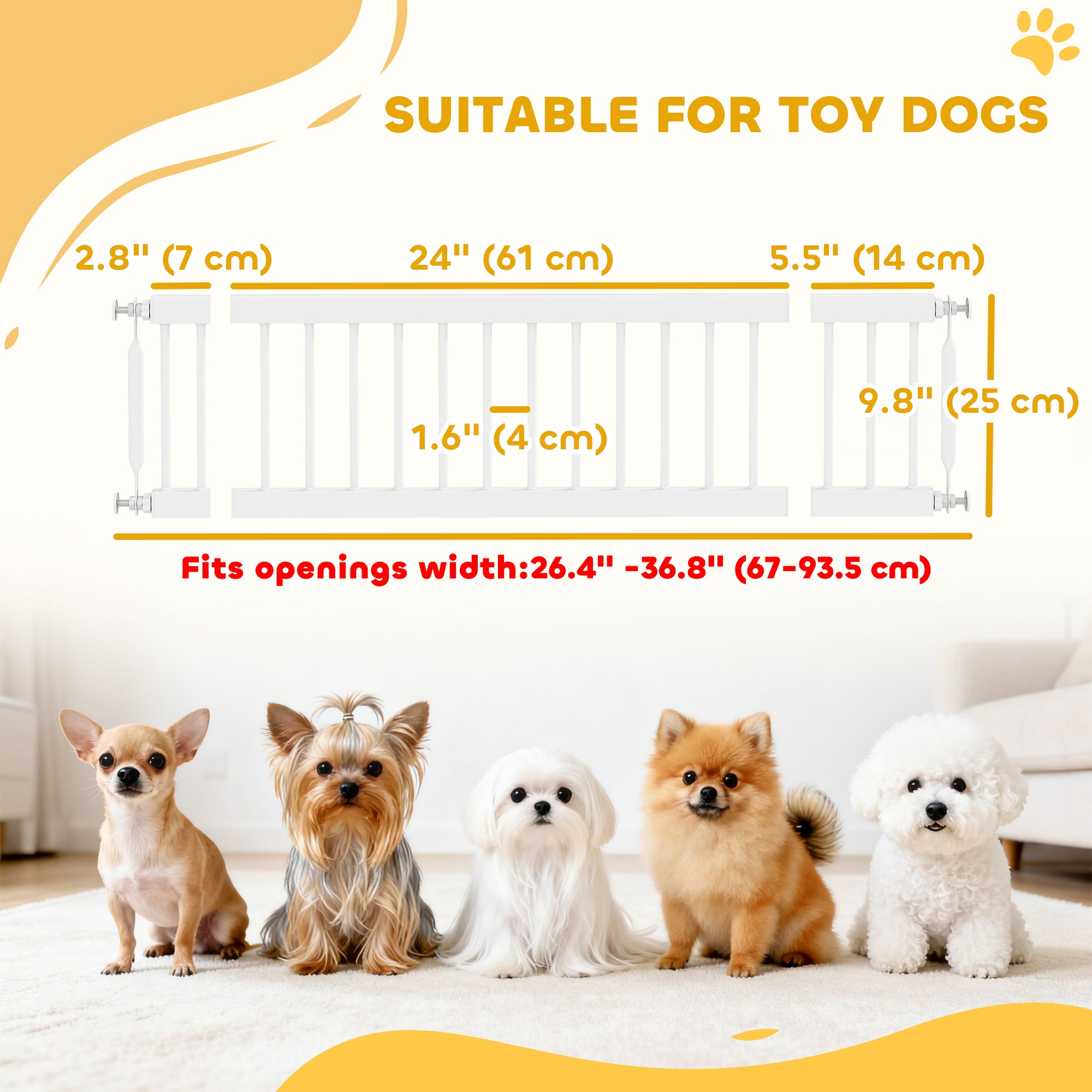 26"-37" Dog Gate, Adjustable Pet Gate, Fits 10" Tall with 2 Extension, Pressure Mount Kit for Stairs and Doorways, White-Dogs-DECOROLALA