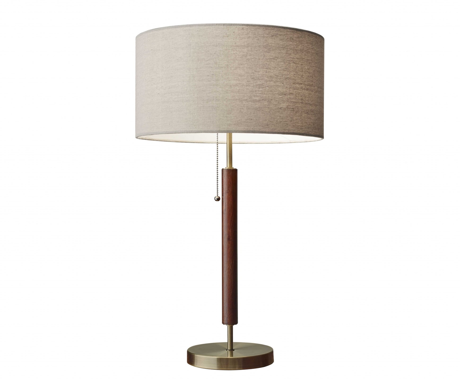 26" Antiqued Brass Solid Wood Table Lamp With Beige Drum Shade-Table Lamps-DECOROLALA