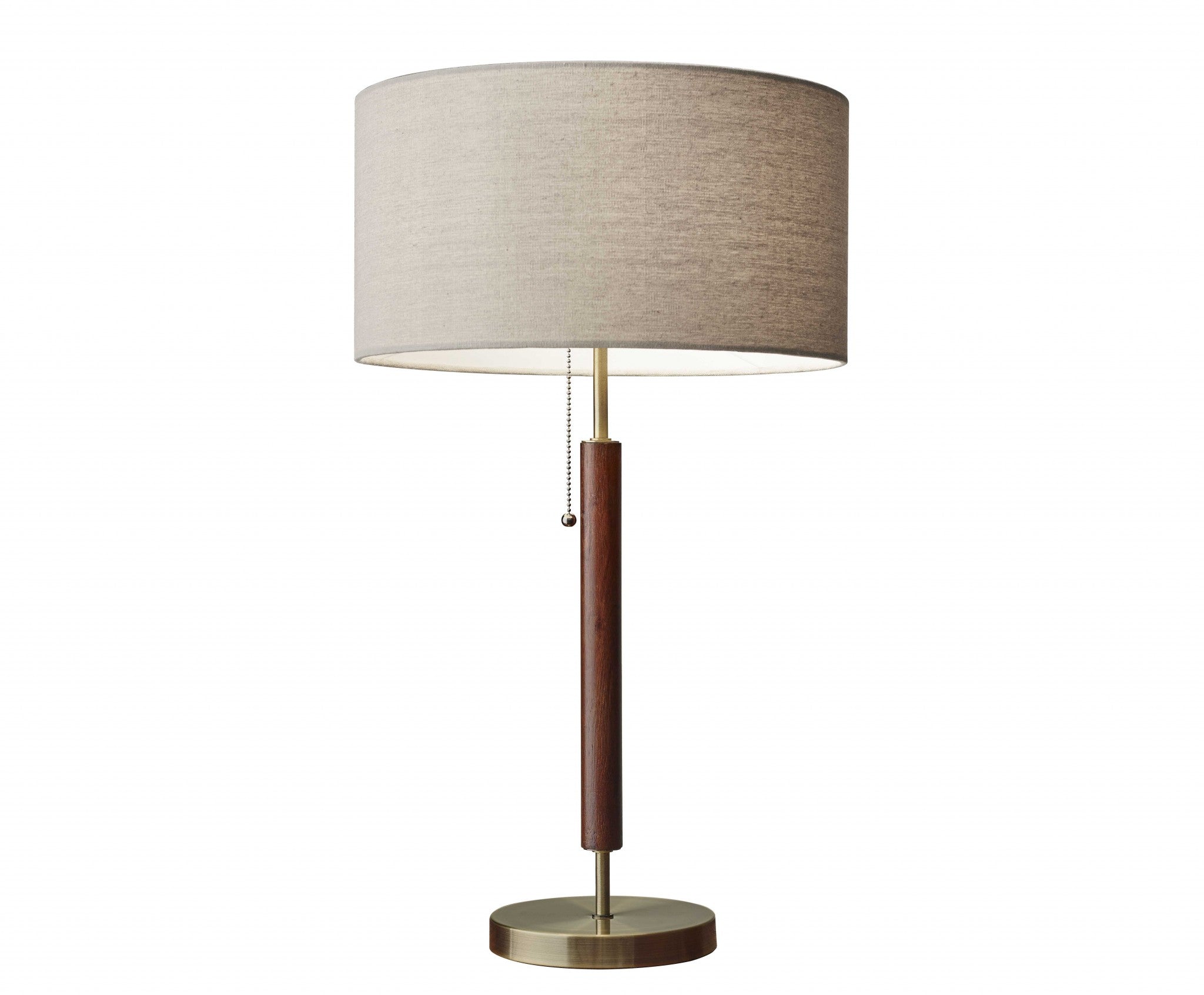 26" Antiqued Brass Solid Wood Table Lamp With Beige Drum Shade-Table Lamps-DECOROLALA