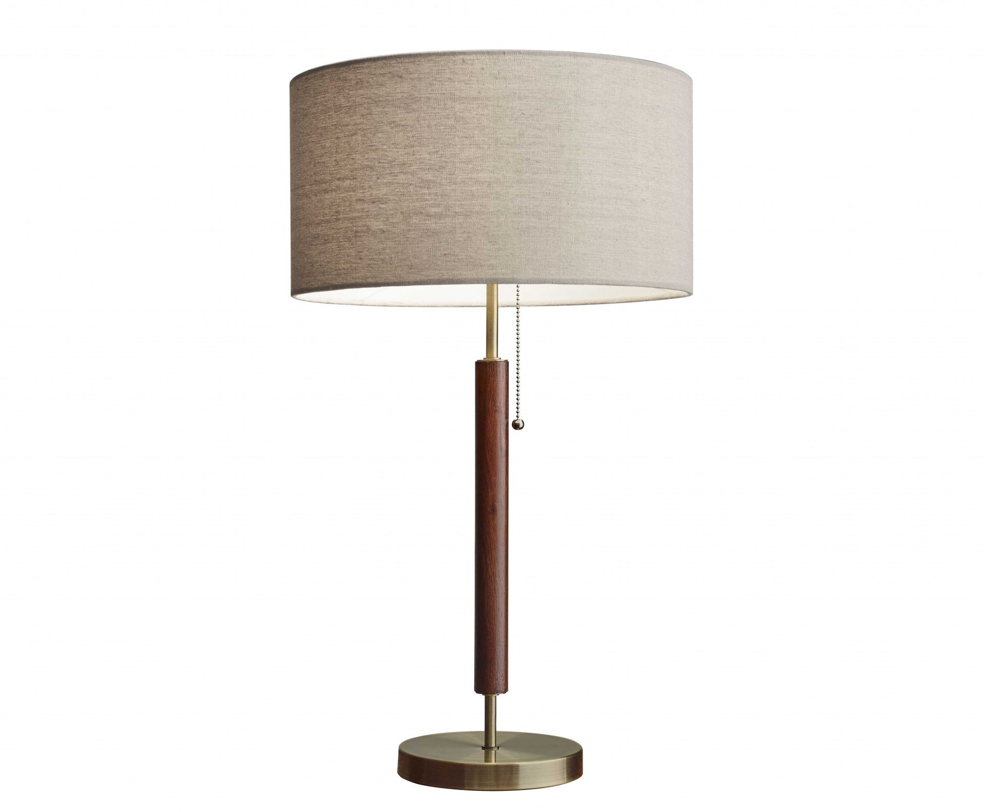 26" Antiqued Brass Solid Wood Table Lamp With Beige Drum Shade-Table Lamps-DECOROLALA
