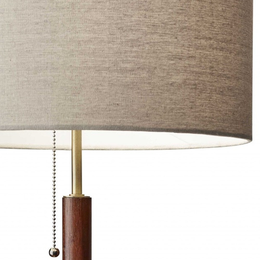 26" Antiqued Brass Solid Wood Table Lamp With Beige Drum Shade-Table Lamps-DECOROLALA