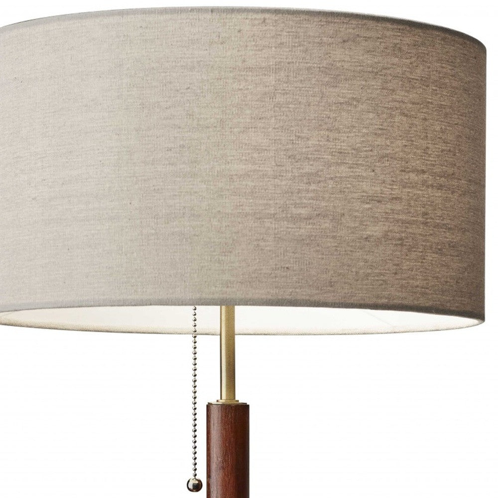 26" Antiqued Brass Solid Wood Table Lamp With Beige Drum Shade-Table Lamps-DECOROLALA