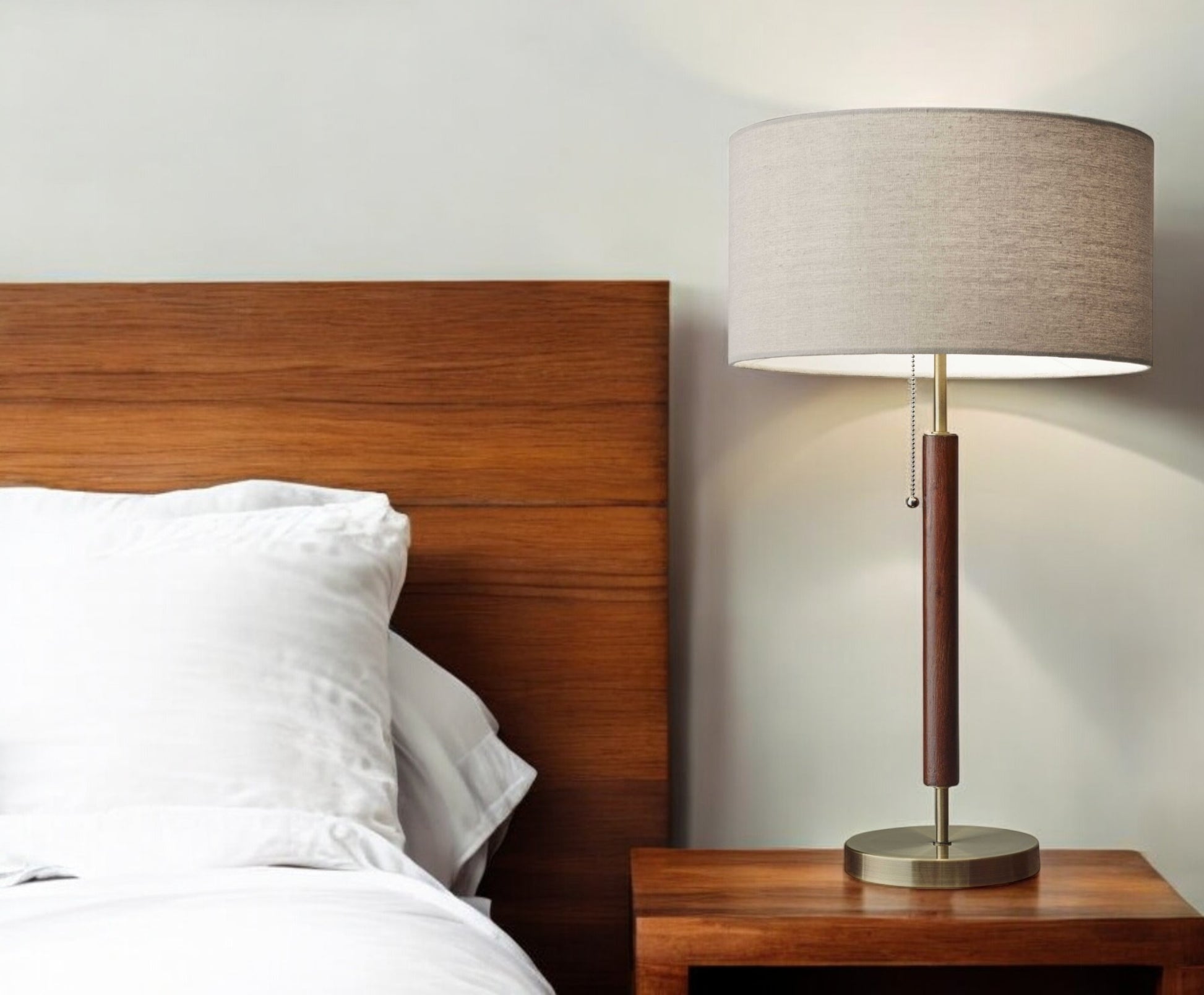 26" Antiqued Brass Solid Wood Table Lamp With Beige Drum Shade-Table Lamps-DECOROLALA