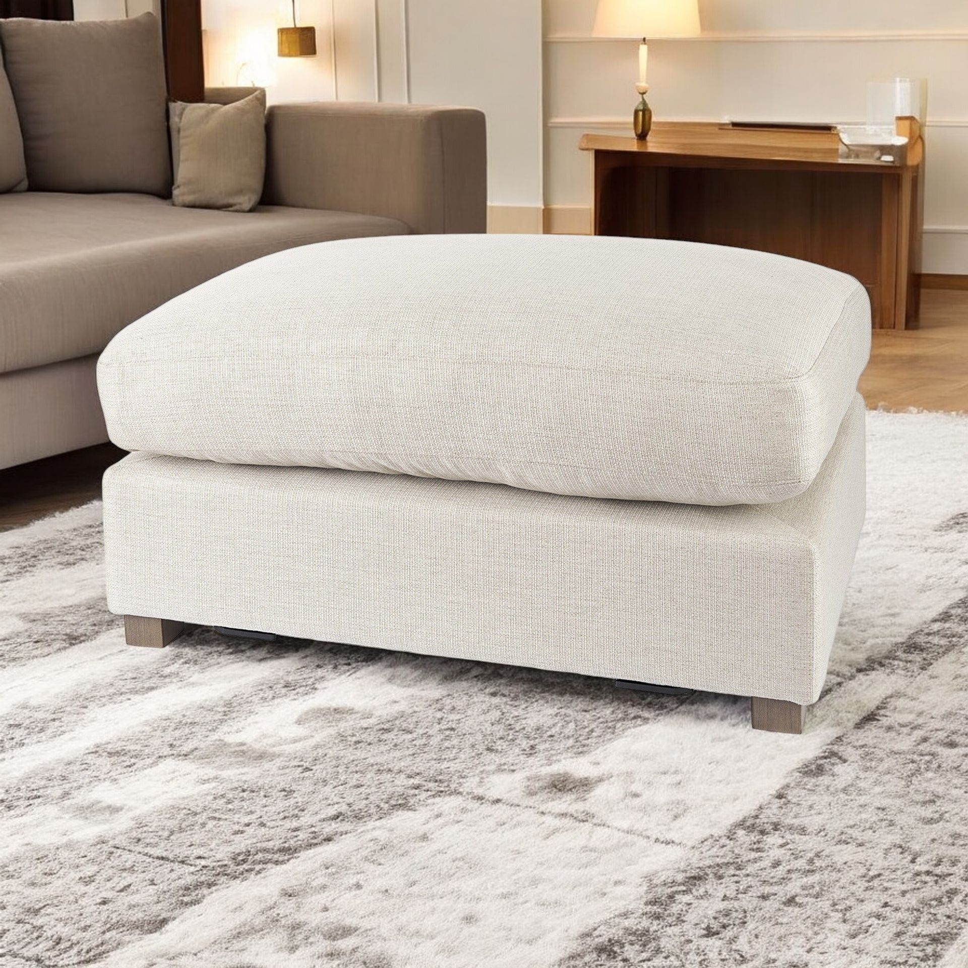 26" Beige Fabric and Brown Cocktail Ottoman-Ottomans-DECOROLALA