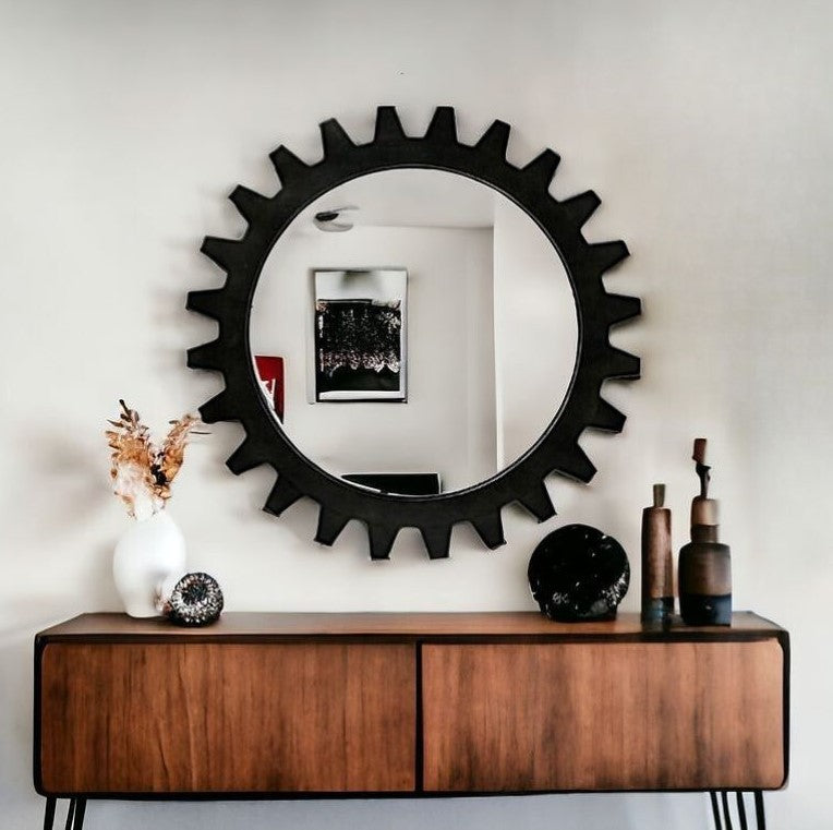 26" Black Cog Round Metal Frame Wall Mirror-Mirrors-DECOROLALA