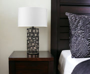 26" Black Metal Column Table Lamp With White Drum Shade-Table Lamps-DECOROLALA