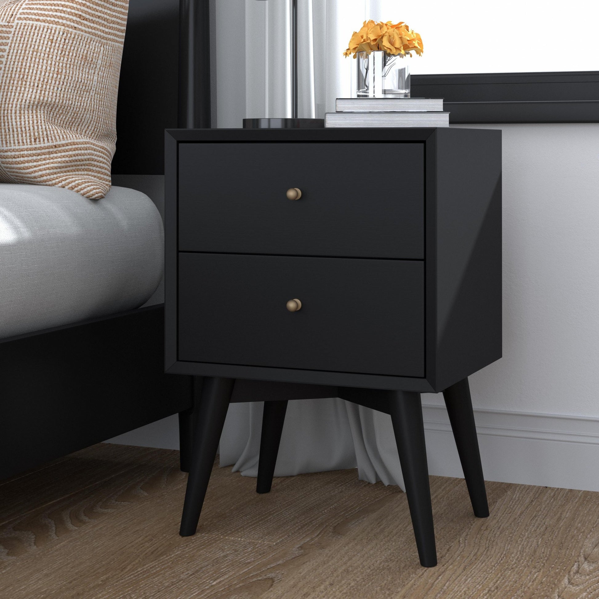 26" Black Solid Wood Two Drawer Nightstand-Nightstands & Bedside Tables-DECOROLALA