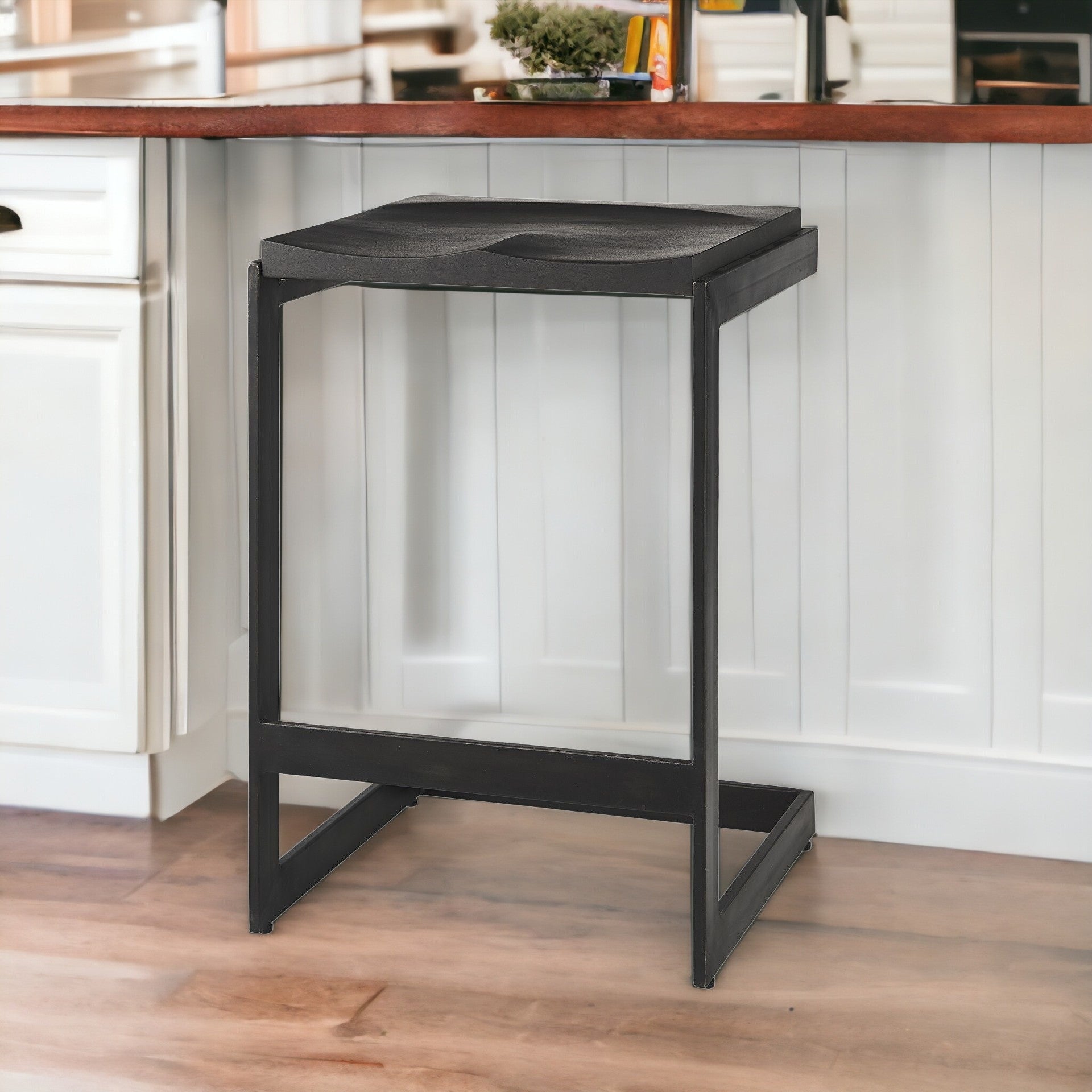 26" Black Solid Wood and Metal Backless Counter Height Bar Chair-Bar Chairs-DECOROLALA