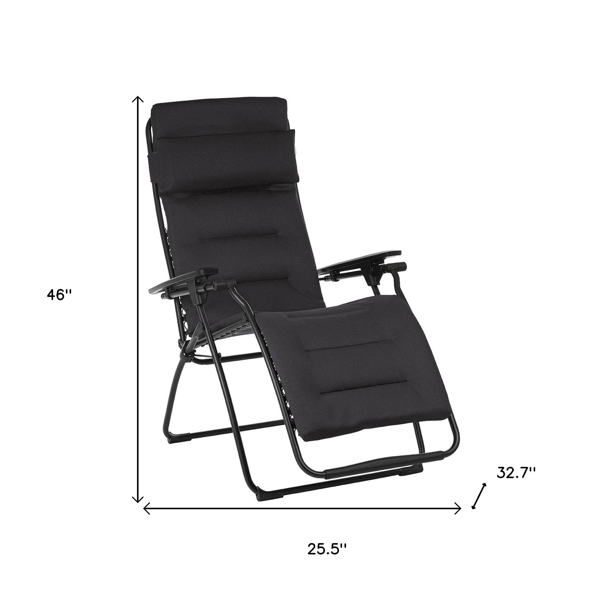 26" Black Steel Outdoor Zero Gravity Chair with Black Cushion-Outdoor Chairs-DECOROLALA