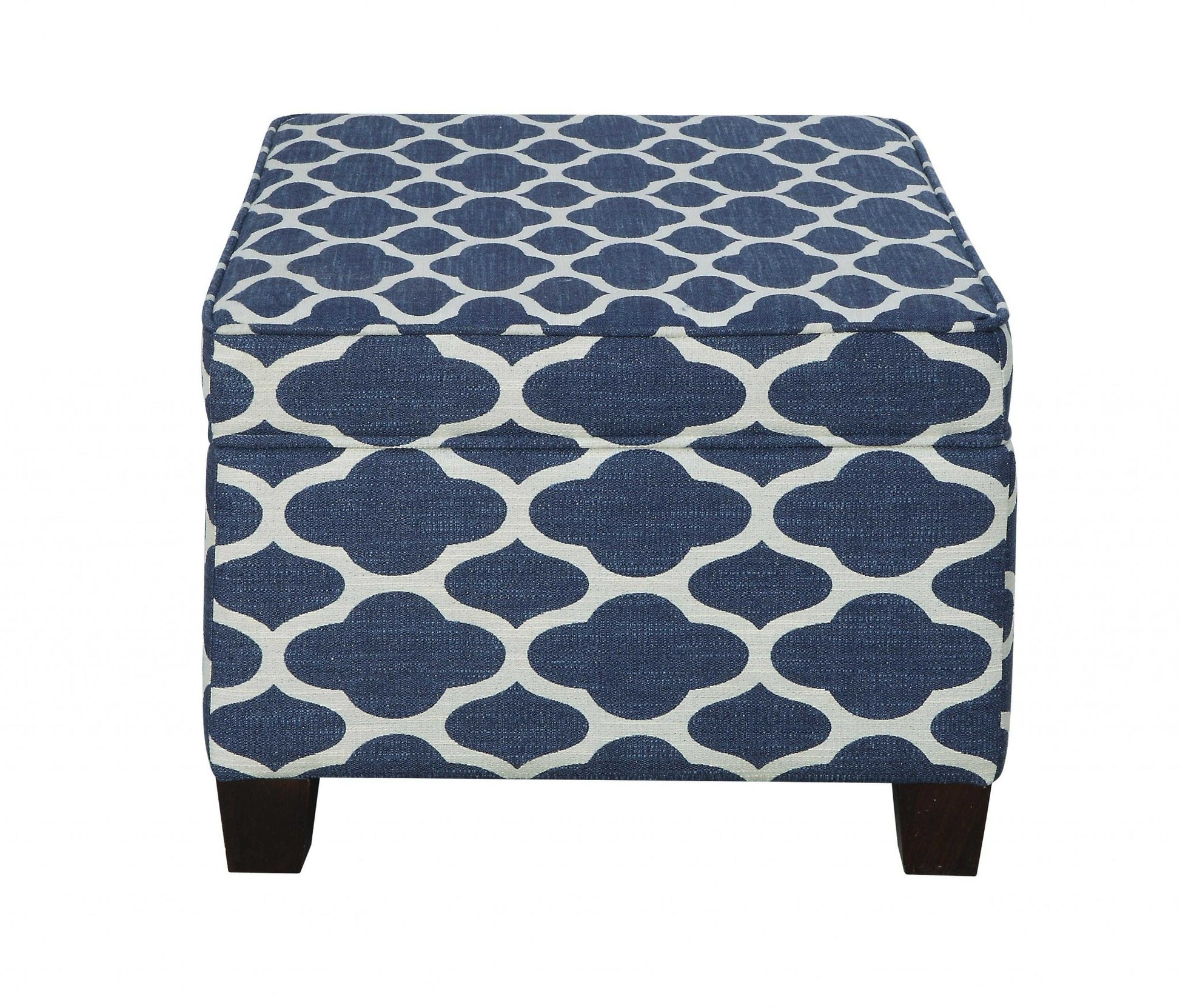 26" Blue and White and Black Upholstered Linen Blend Geometric Bench with Flip top-Benches-DECOROLALA