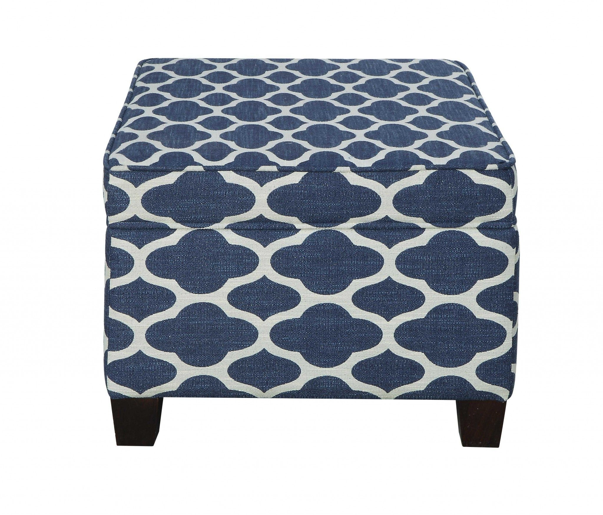 26" Blue and White and Black Upholstered Linen Blend Geometric Bench with Flip top-Benches-DECOROLALA