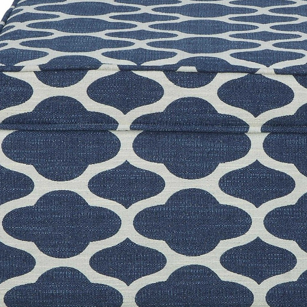26" Blue and White and Black Upholstered Linen Blend Geometric Bench with Flip top-Benches-DECOROLALA