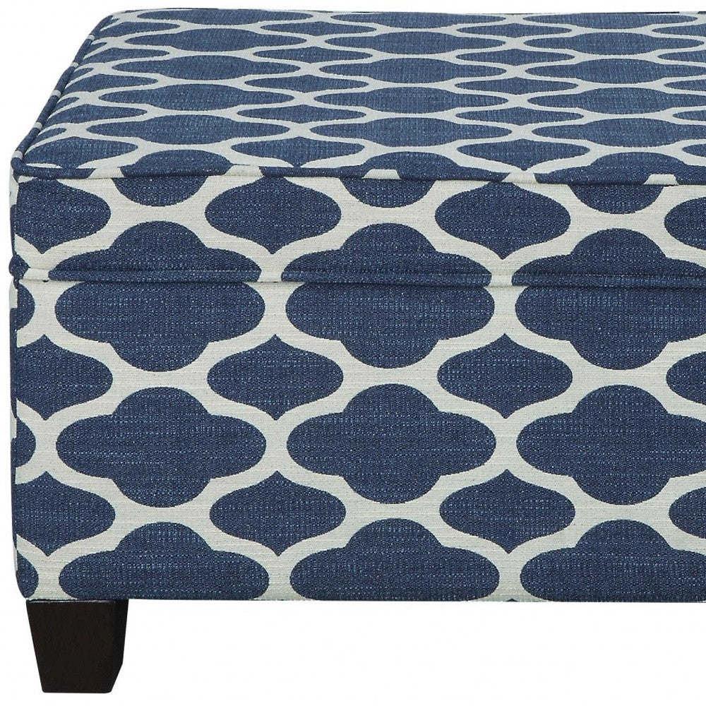 26" Blue and White and Black Upholstered Linen Blend Geometric Bench with Flip top-Benches-DECOROLALA