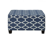 26" Blue and White and Black Upholstered Linen Blend Geometric Bench with Flip top-Benches-DECOROLALA