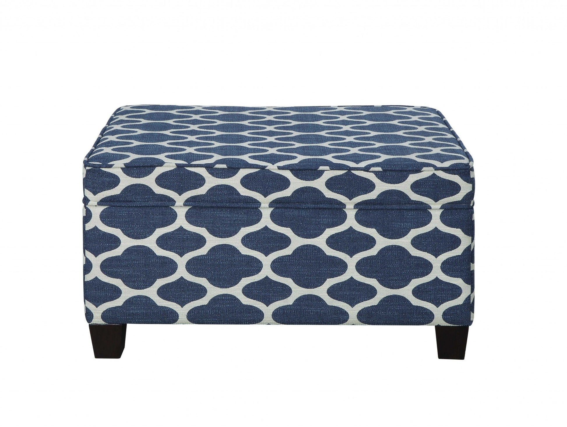 26" Blue and White and Black Upholstered Linen Blend Geometric Bench with Flip top-Benches-DECOROLALA