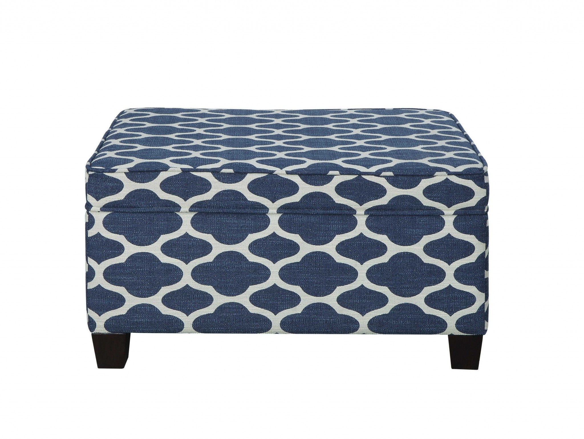 26" Blue and White and Black Upholstered Linen Blend Geometric Bench with Flip top-Benches-DECOROLALA