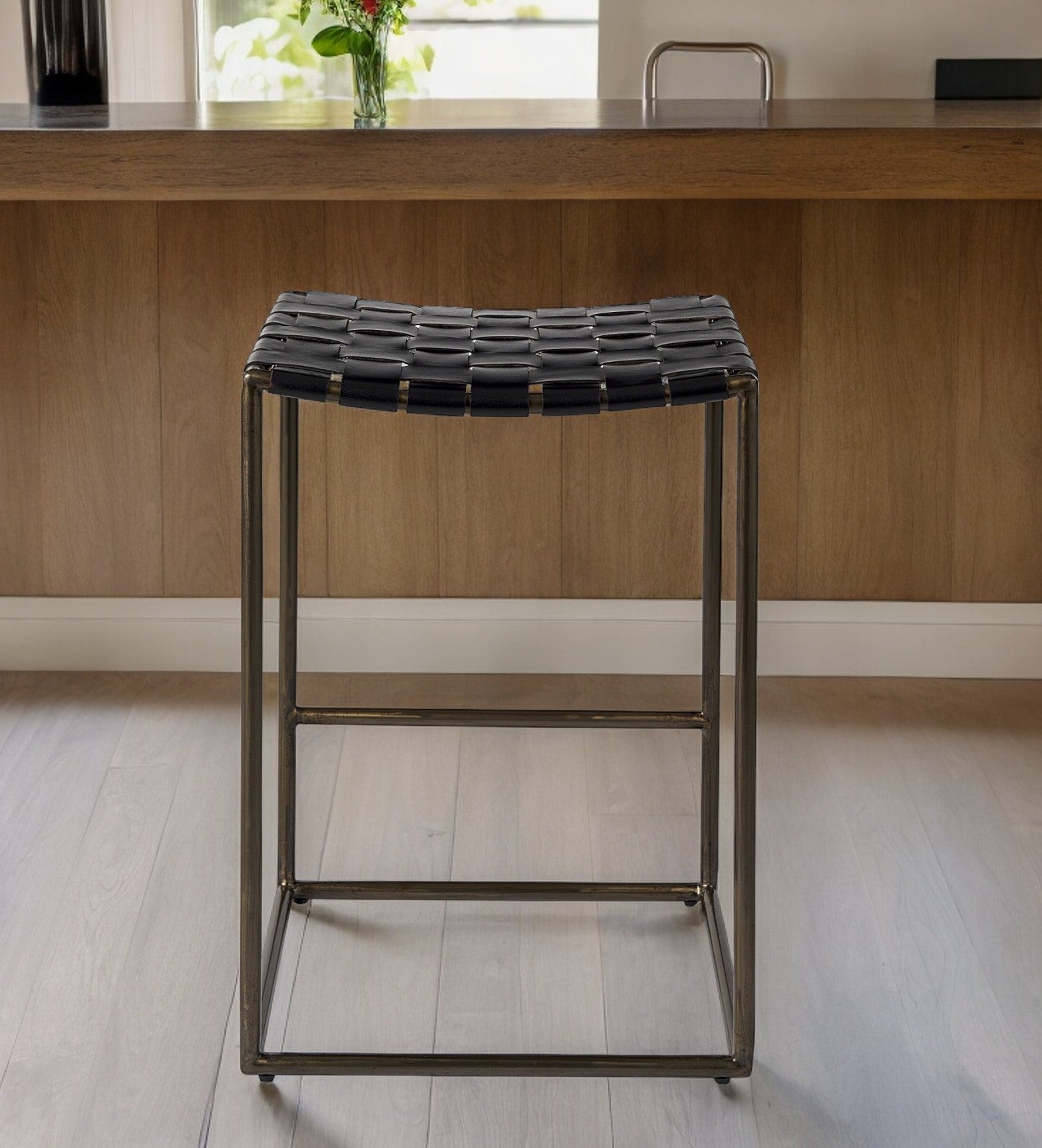 26" Brown And Black Leather And Iron Backless Counter Height Bar Chair-Bar Chairs-DECOROLALA