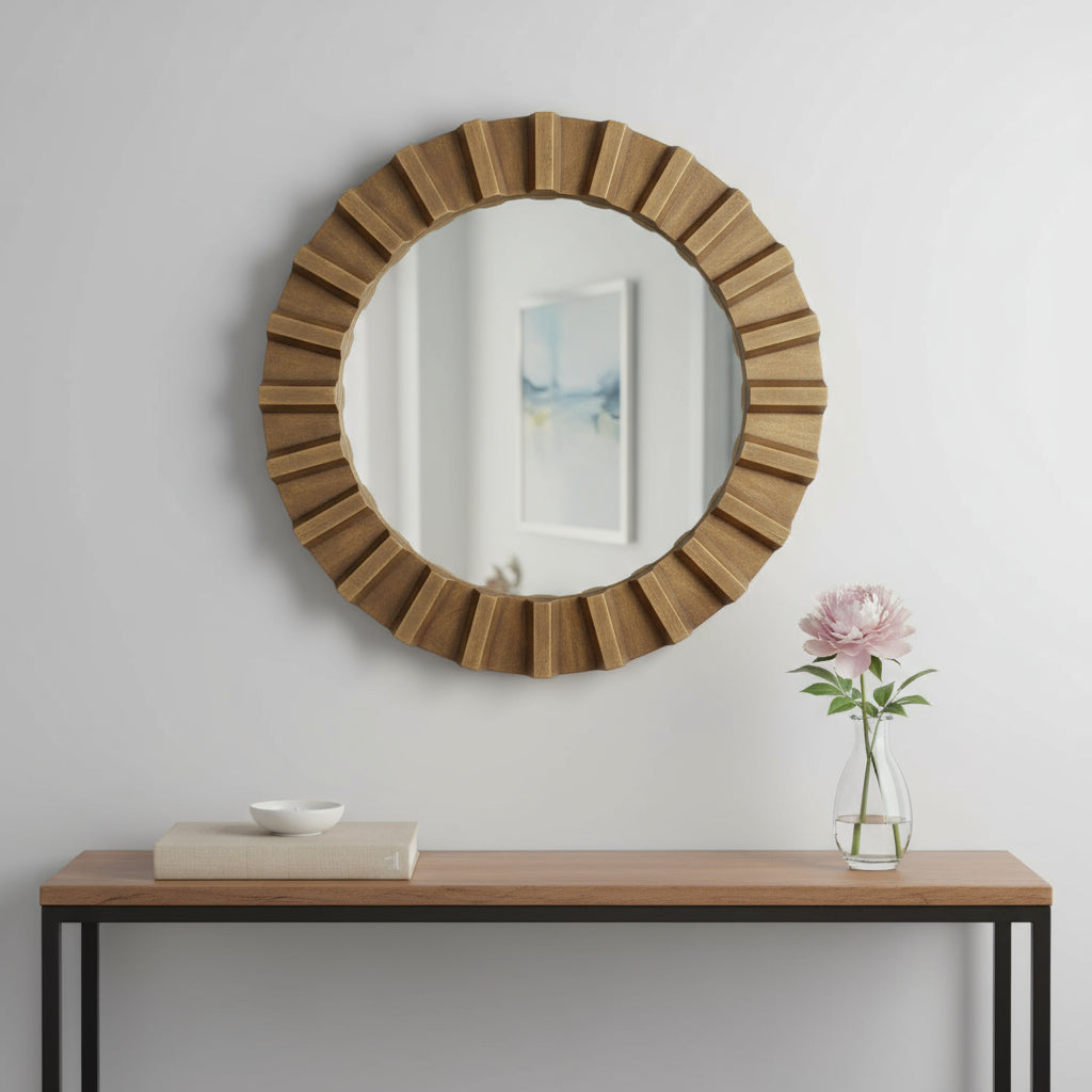 26" Brown Round Wood Framed Accent Mirror-Mirrors-DECOROLALA