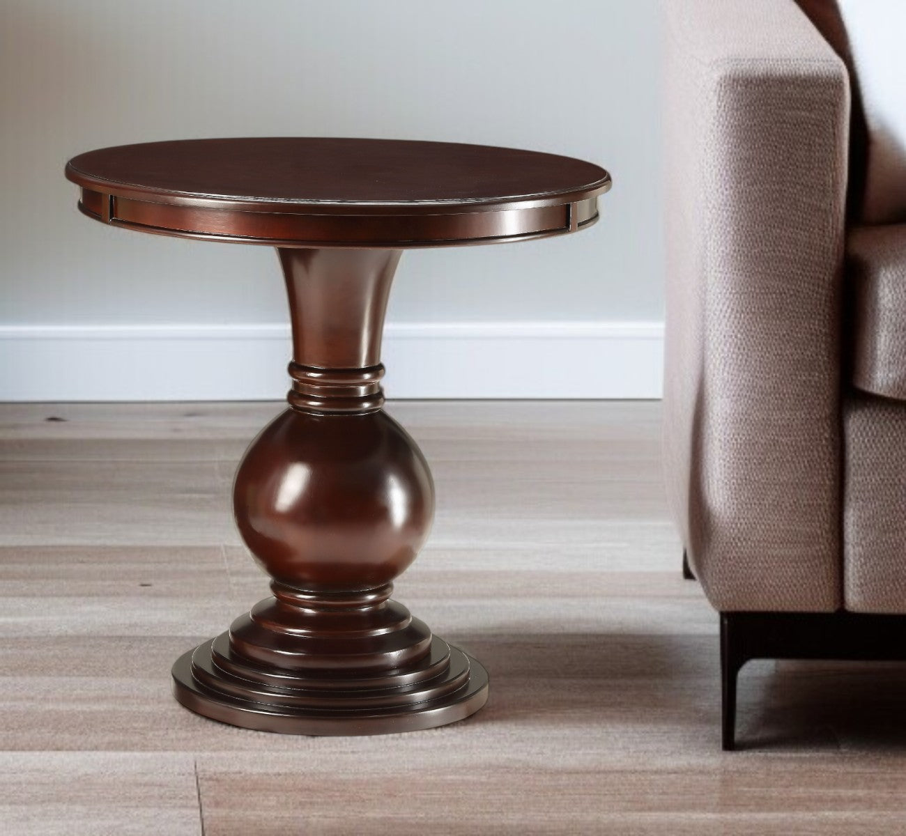 26" Brown Solid Wood Round Pedestal End Table-End-Side Tables-DECOROLALA