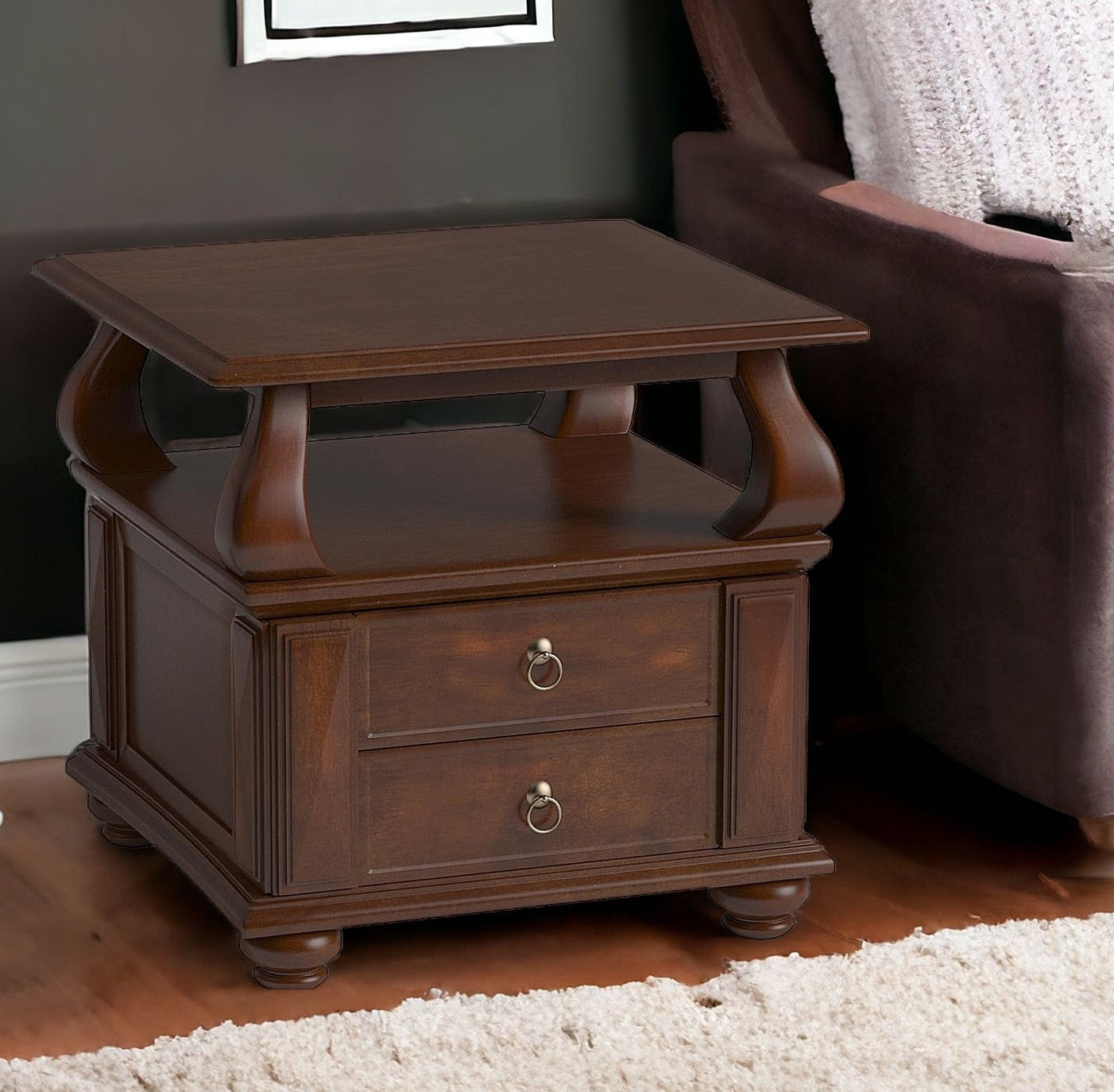 26" Brown Solid Wood Square End Table With Two Drawers And Shelf-End-Side Tables-DECOROLALA