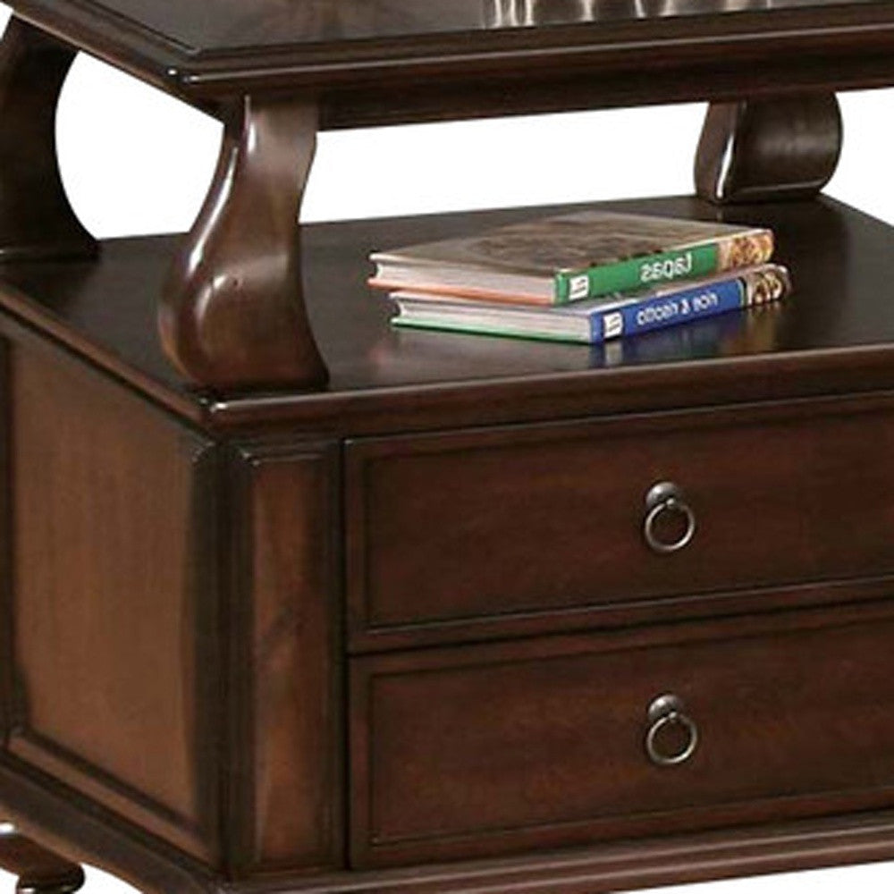26" Brown Solid Wood Square End Table With Two Drawers And Shelf-End-Side Tables-DECOROLALA